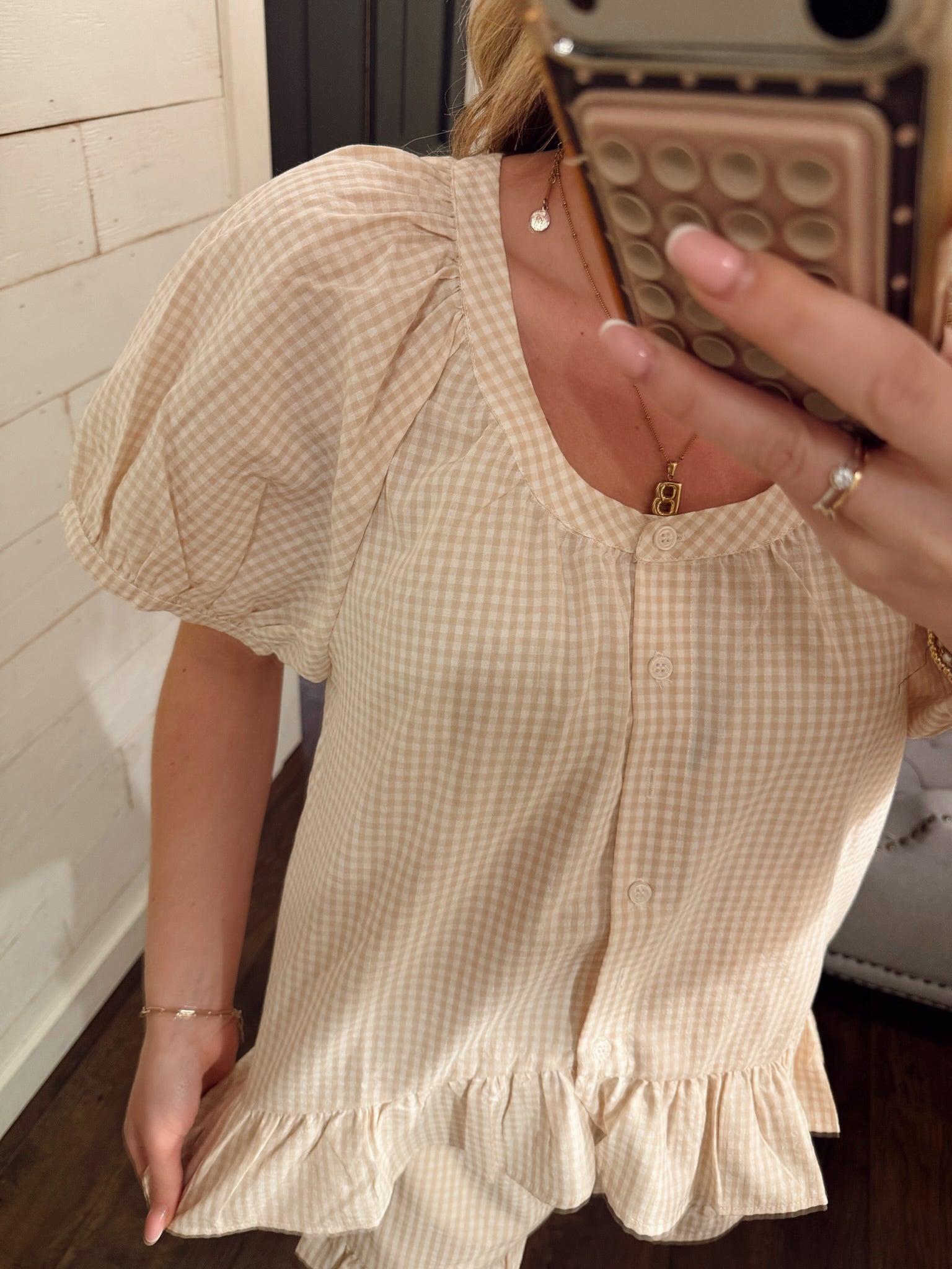 Gingham Hi-Low Ruffle Blouse