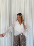 Sheer Tie-Front Ruffled Blouse