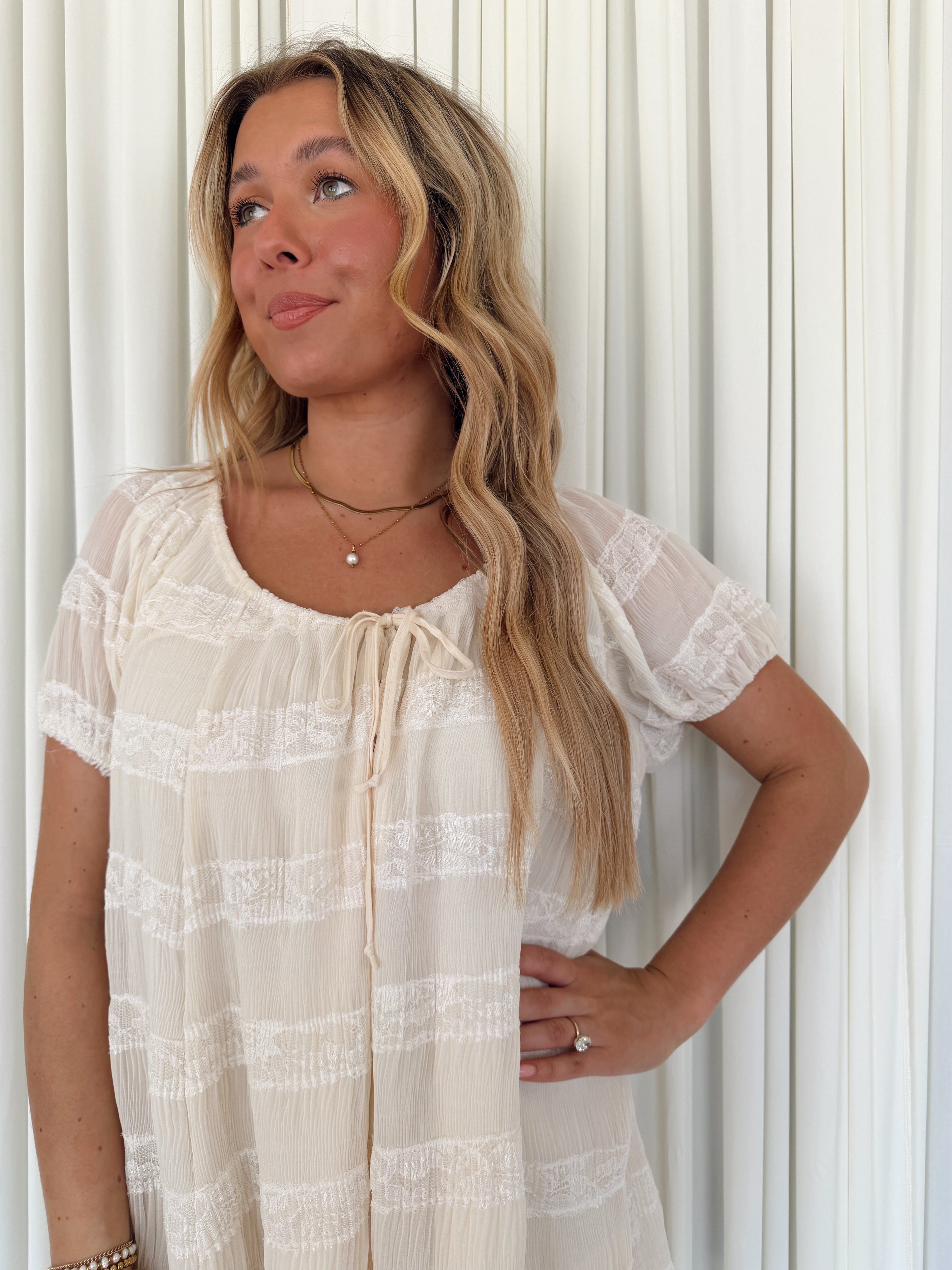 Pleated Lace Striped Mini Dress