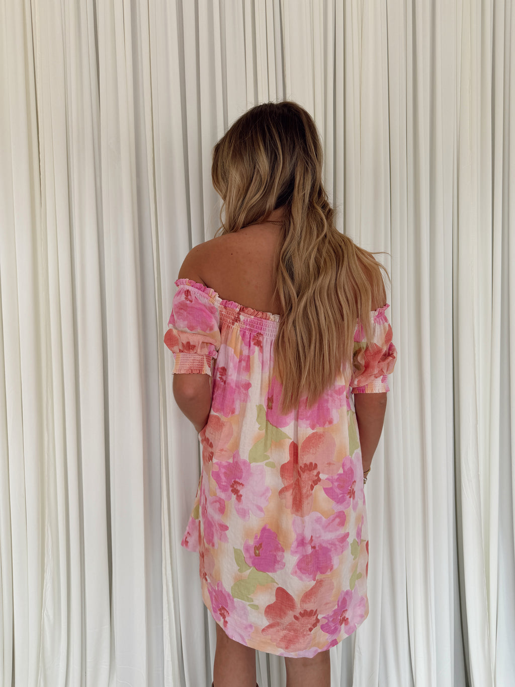 Abstract Off-Shoulder Smocked Floral Dress