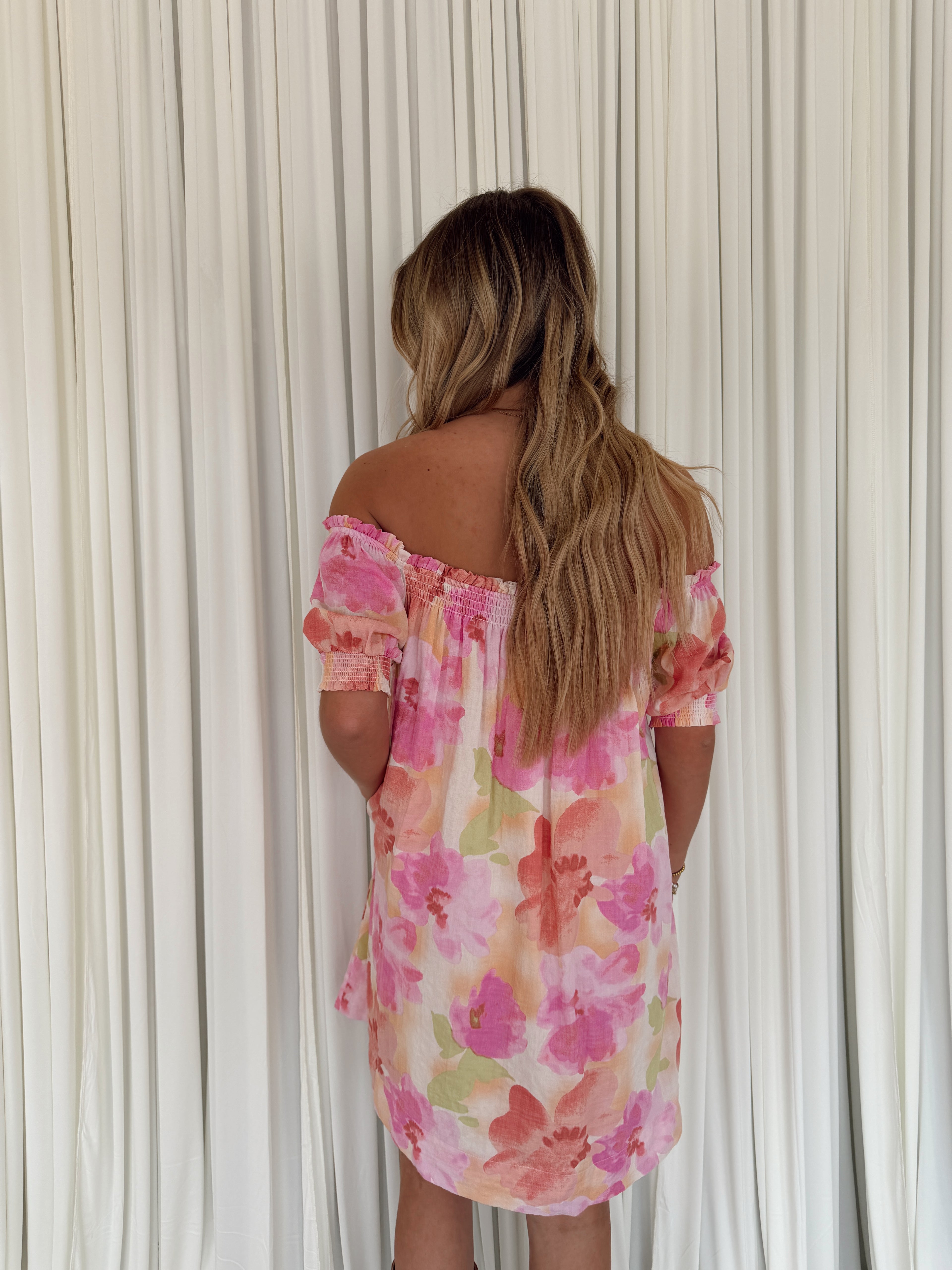 Abstract Off-Shoulder Smocked Floral Dress