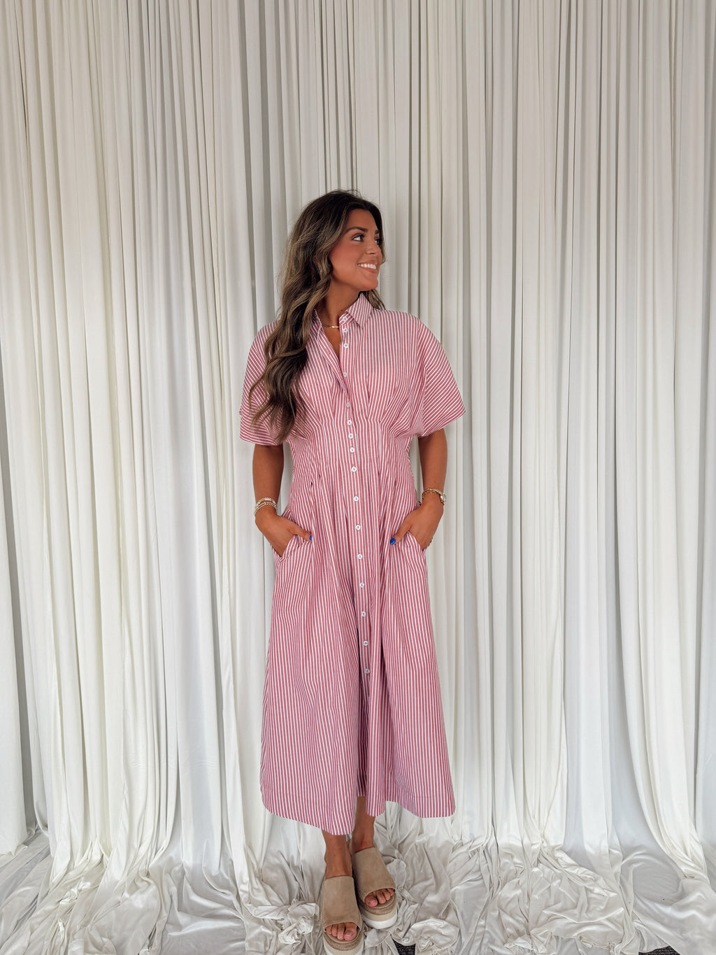 Striped Dolman Sleeve Pleated Maxi Dress Seven & James Striped Dolman Sleeve Pleated Maxi Dress Seven & James
