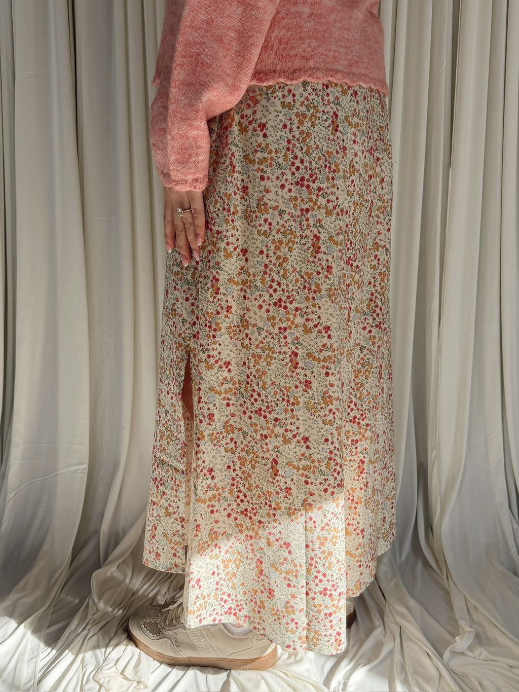 Floral Front Slit Midi Skirt