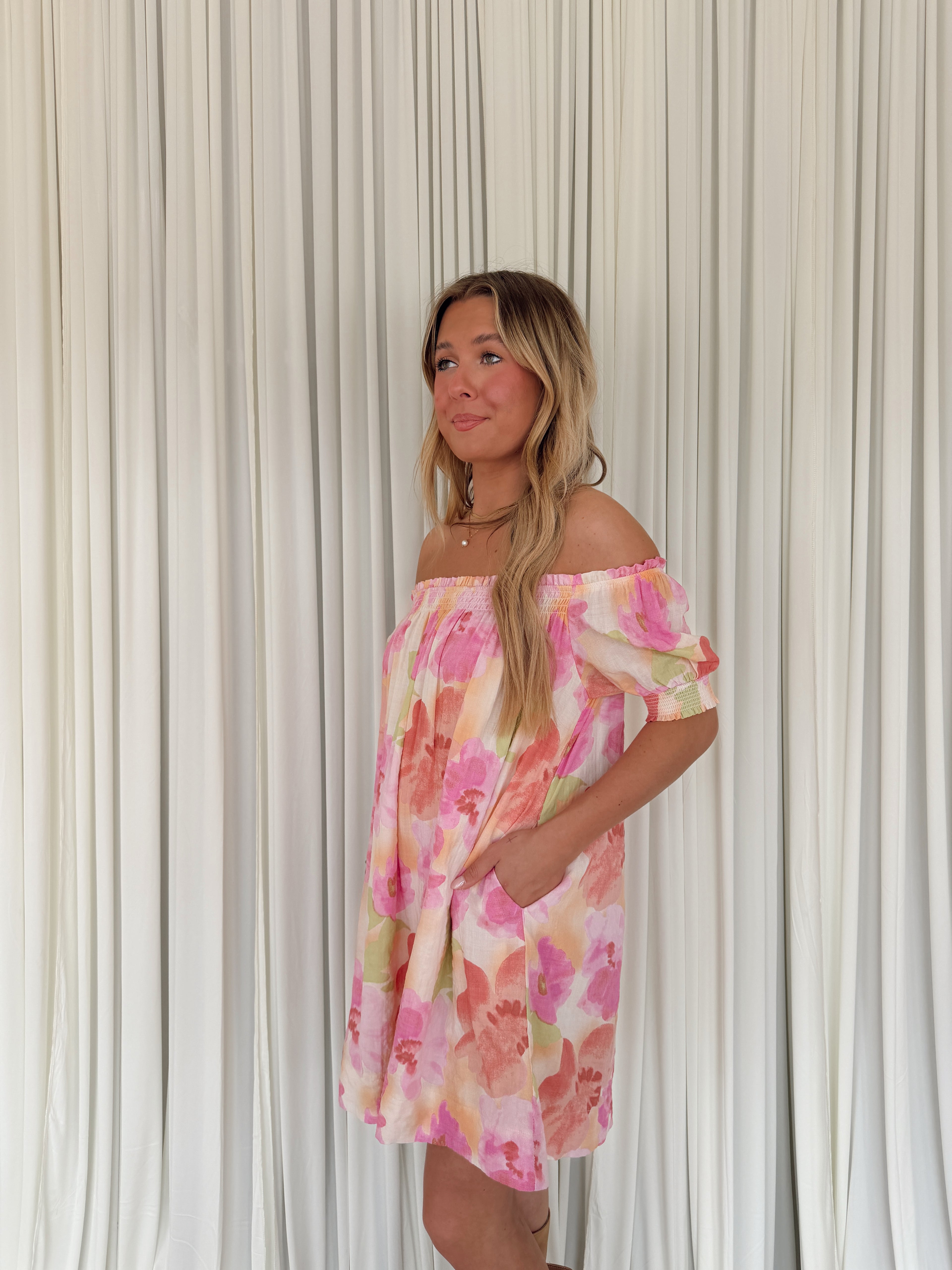 Abstract Off-Shoulder Smocked Floral Dress