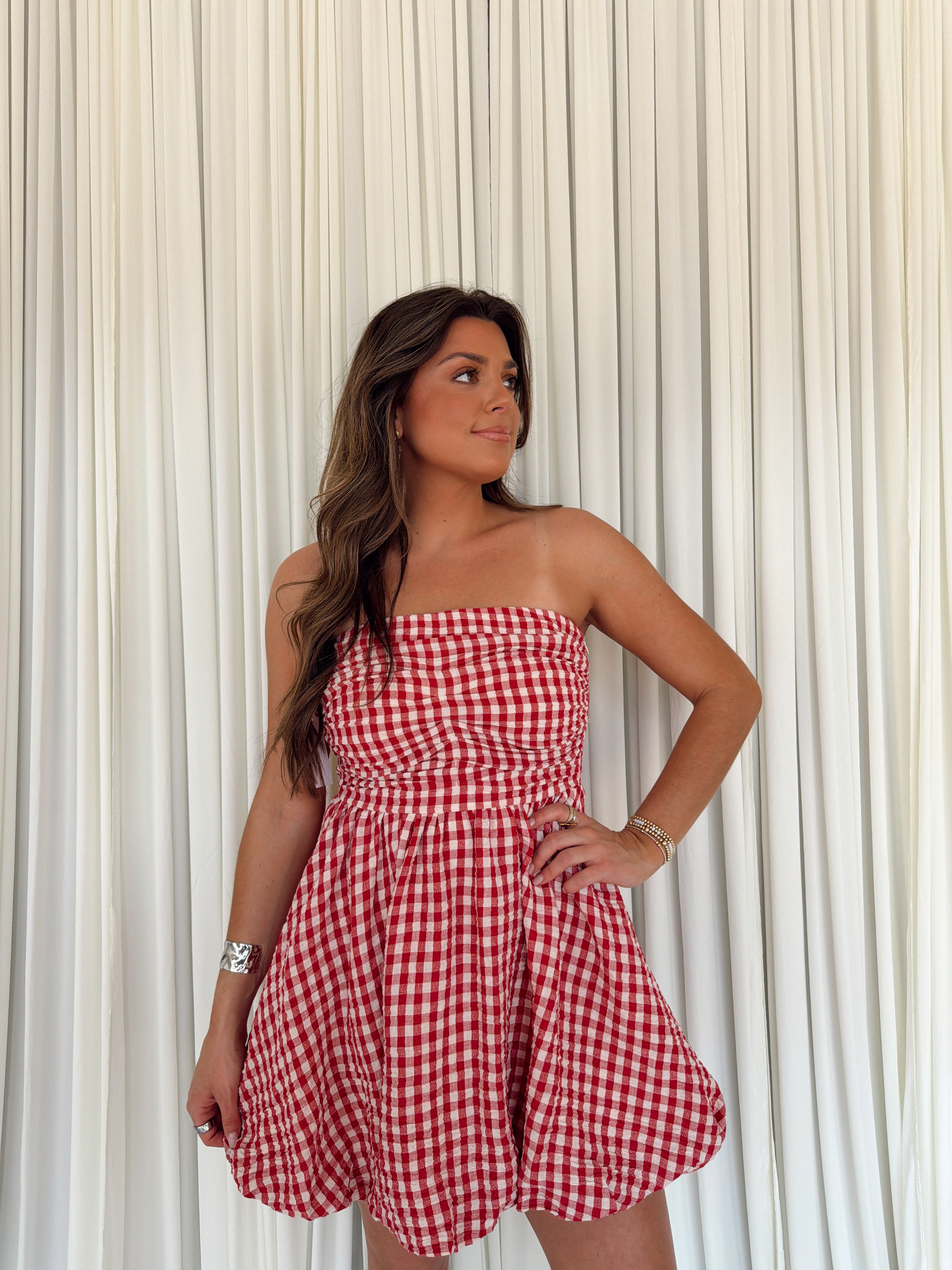 Gingham Print Smocking Tube Mini