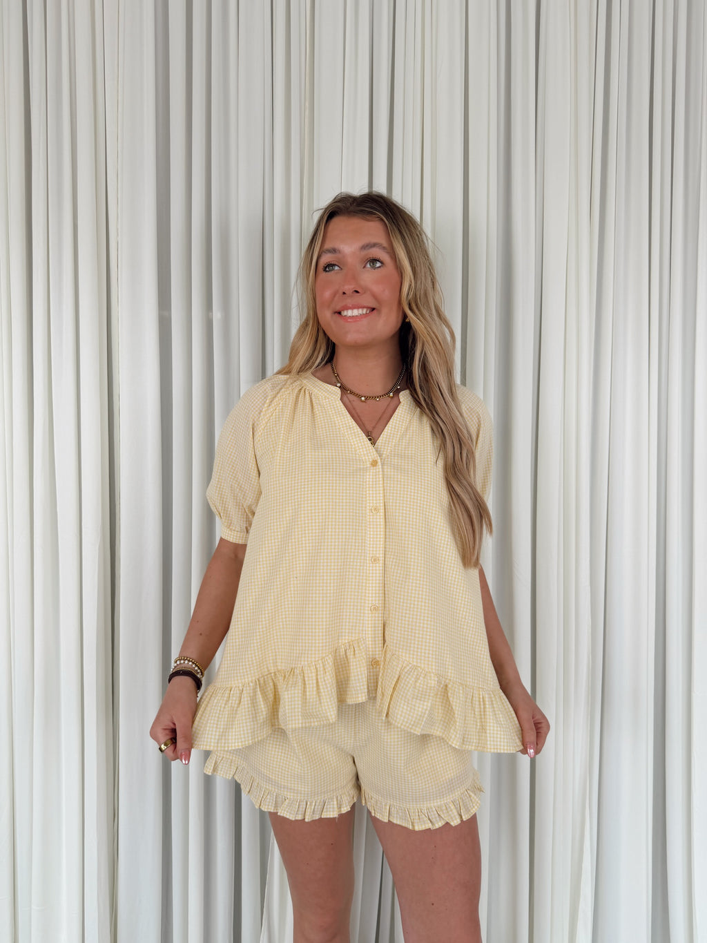 Gingham Hi-Low Blouse with Puff Sleeves