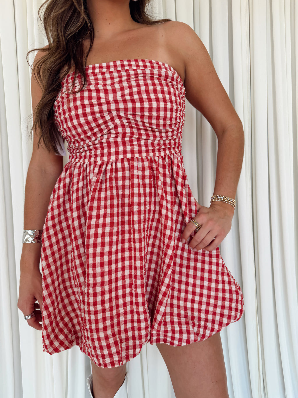 Gingham Print Smocking Tube Mini