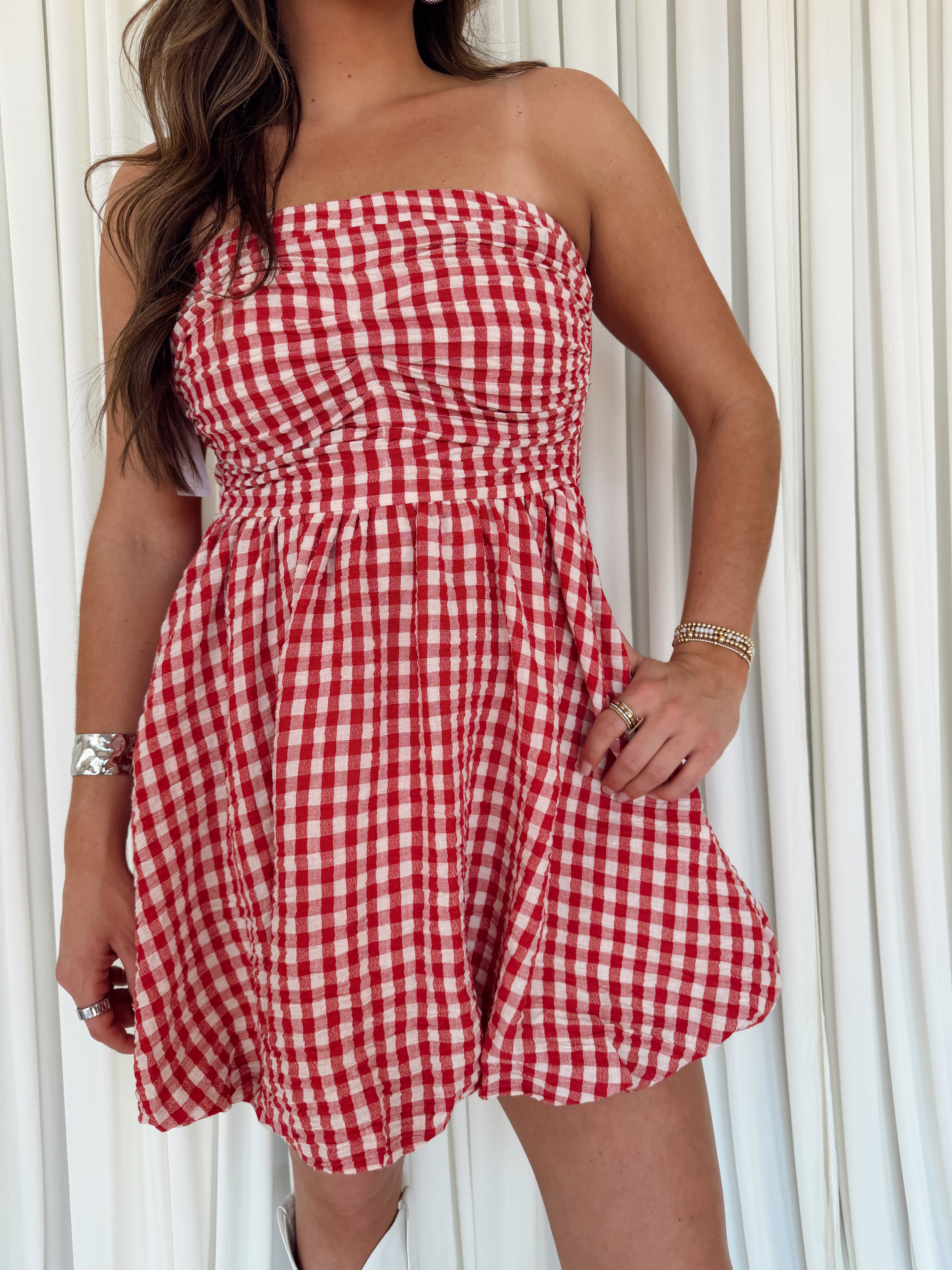 Gingham Print Smocking Tube Mini