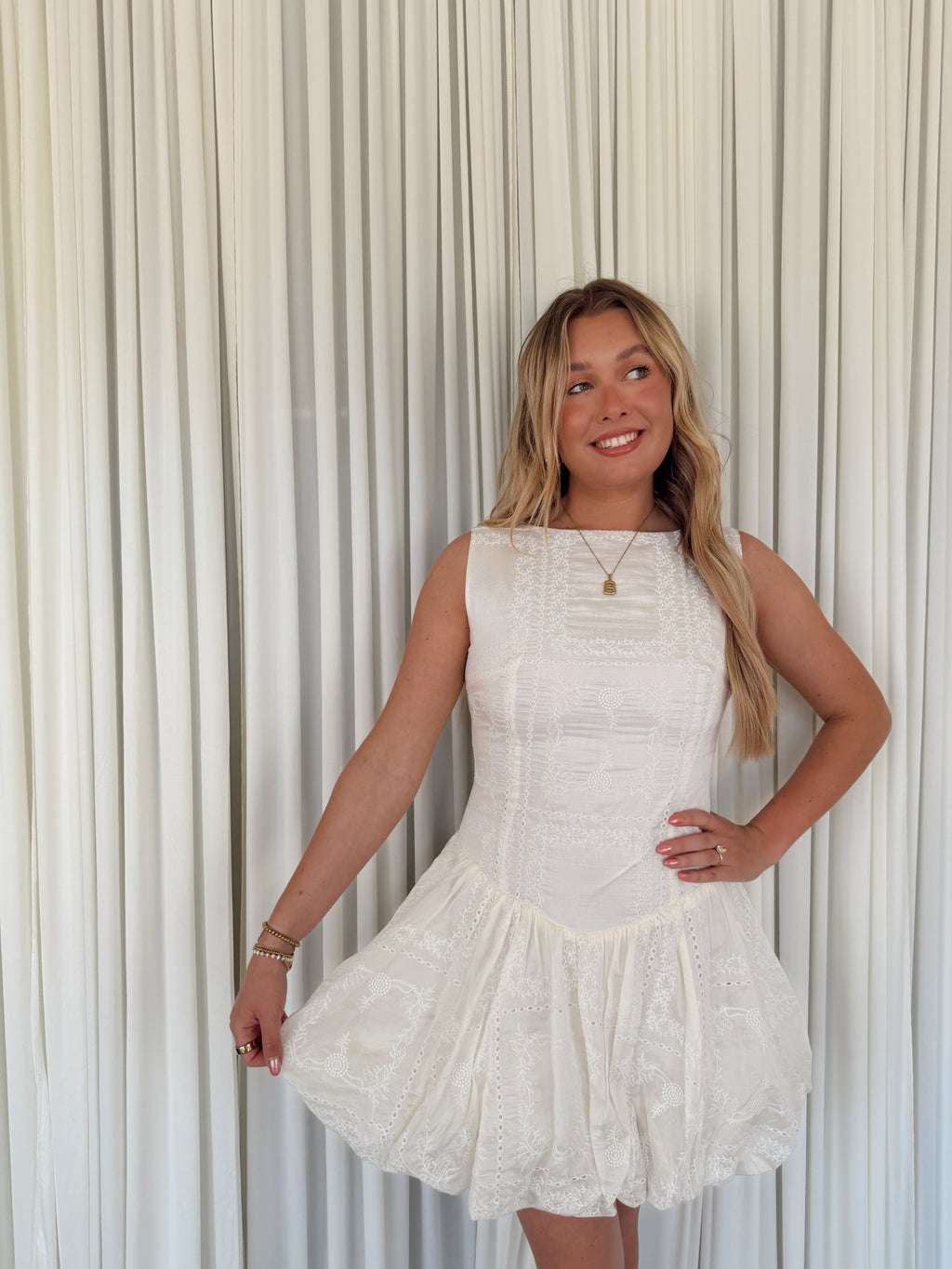 Eyelet Drop-Waist Bubble Mini Dress