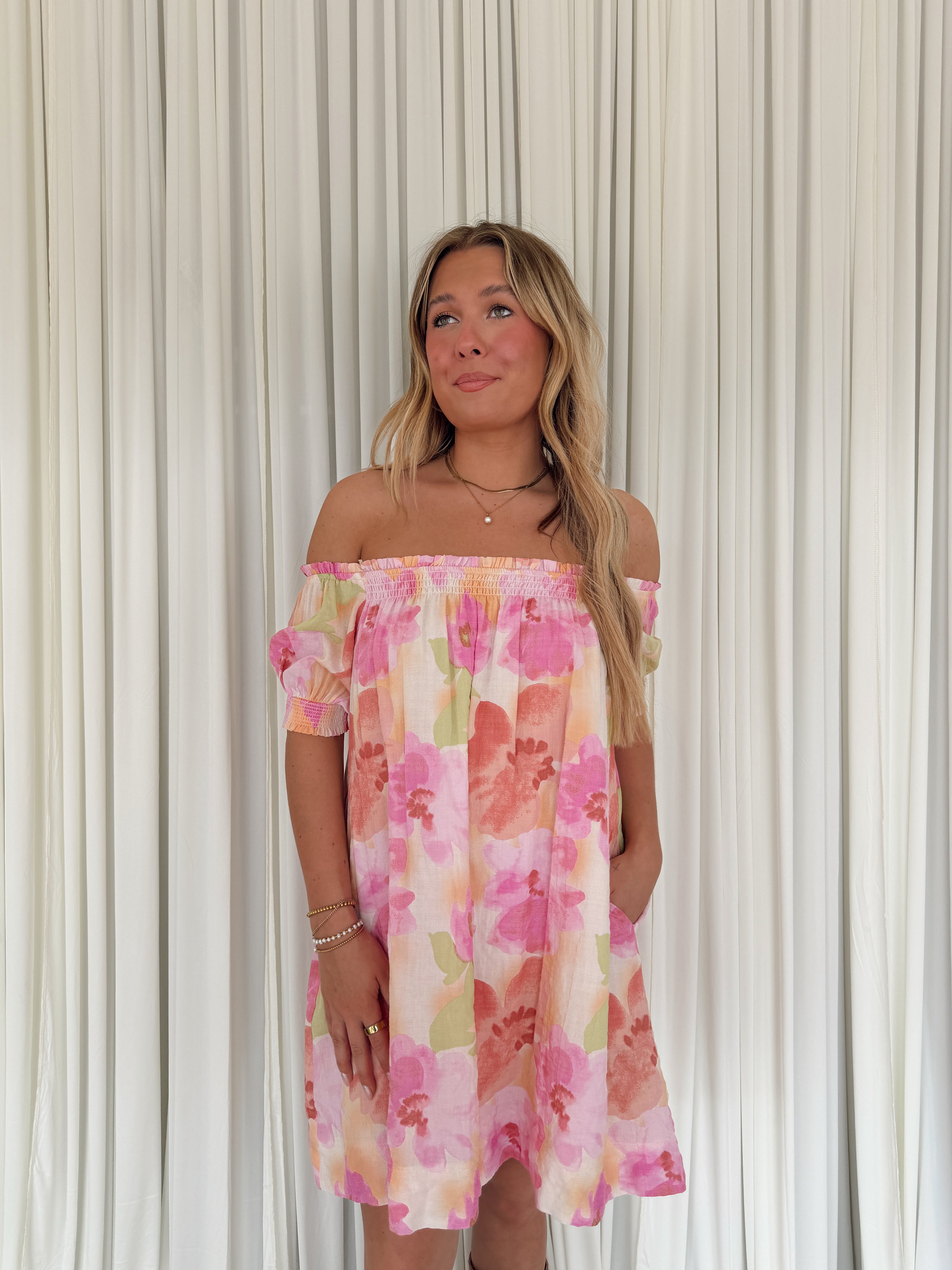 Abstract Off-Shoulder Smocked Floral Dress