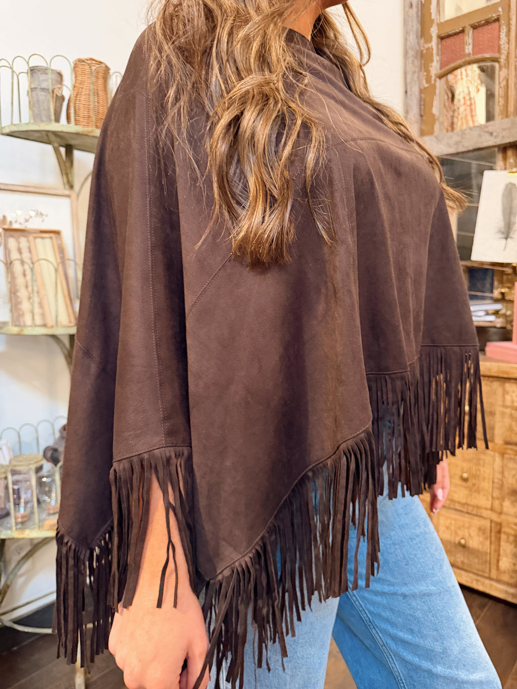 Suede Stitched Fringe Cape