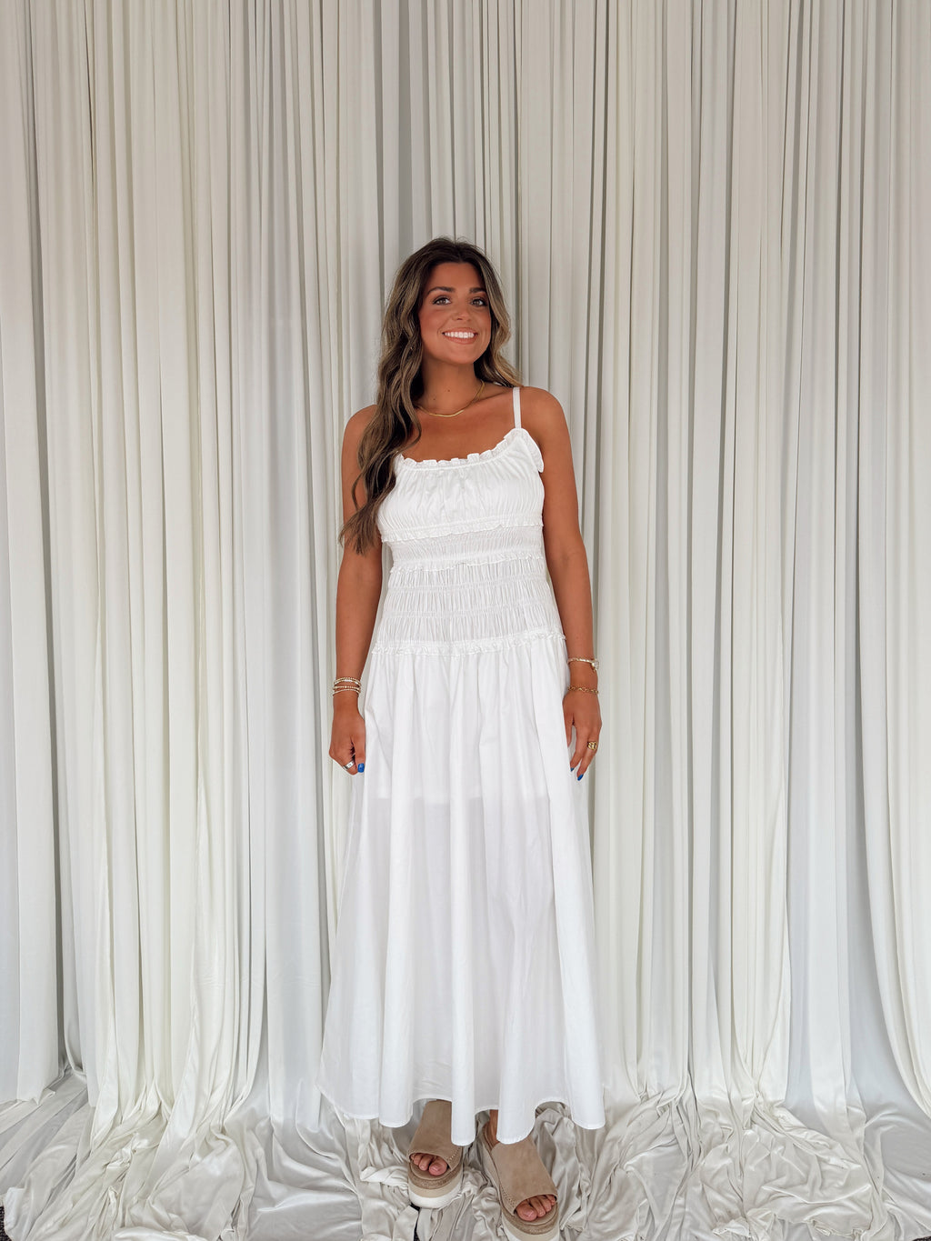 White Smocked Maxi Cotton Dress