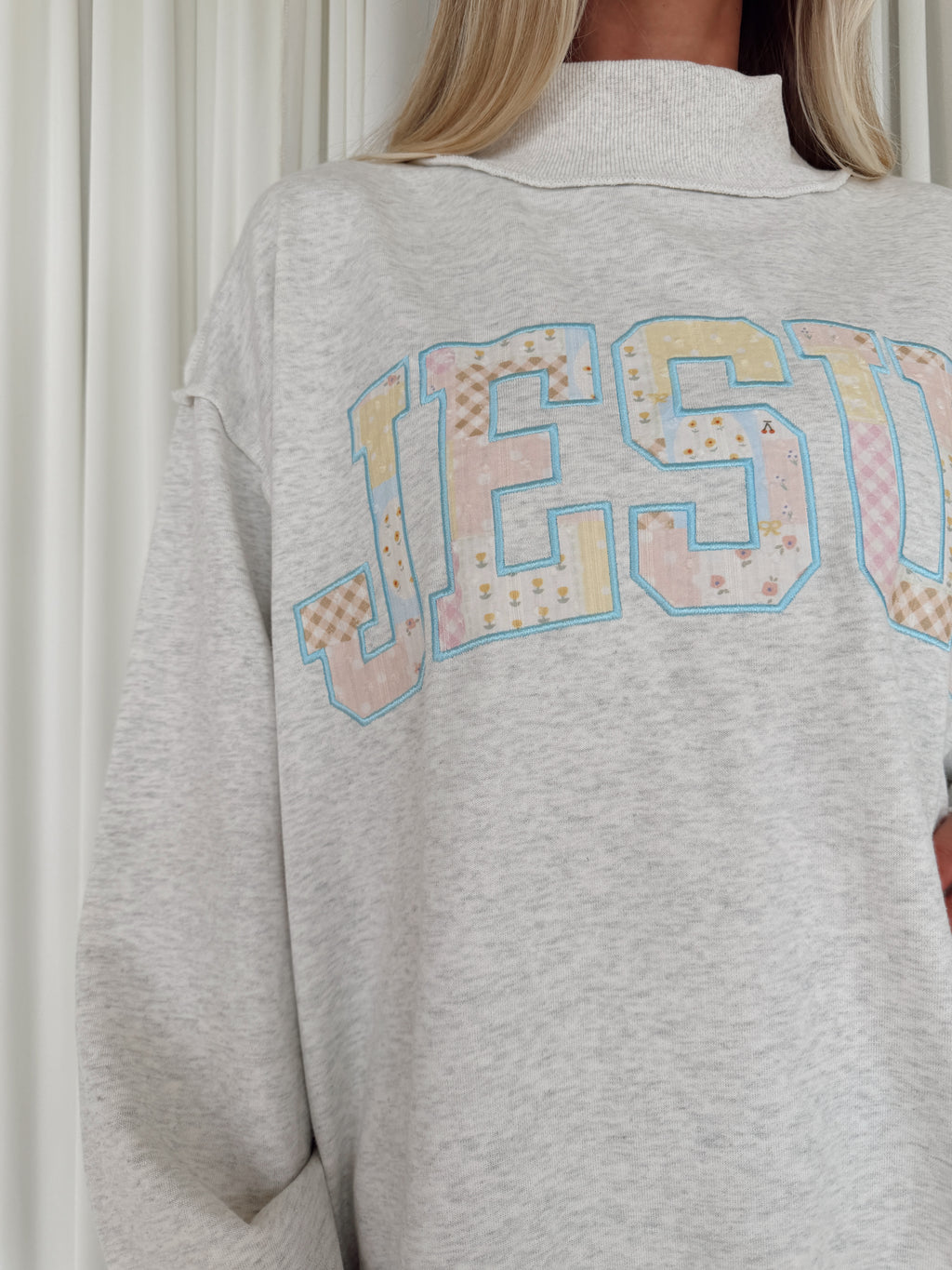 Patchwork "JESUS" Mock-neck Sweatshirt