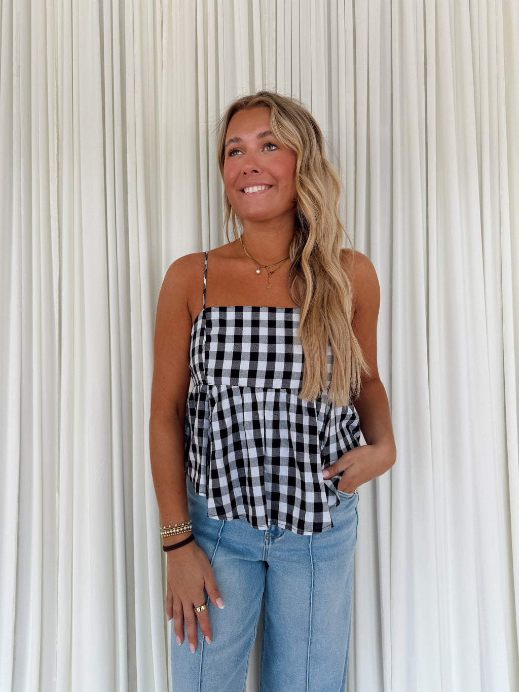 Gingham Woven Flowy Top