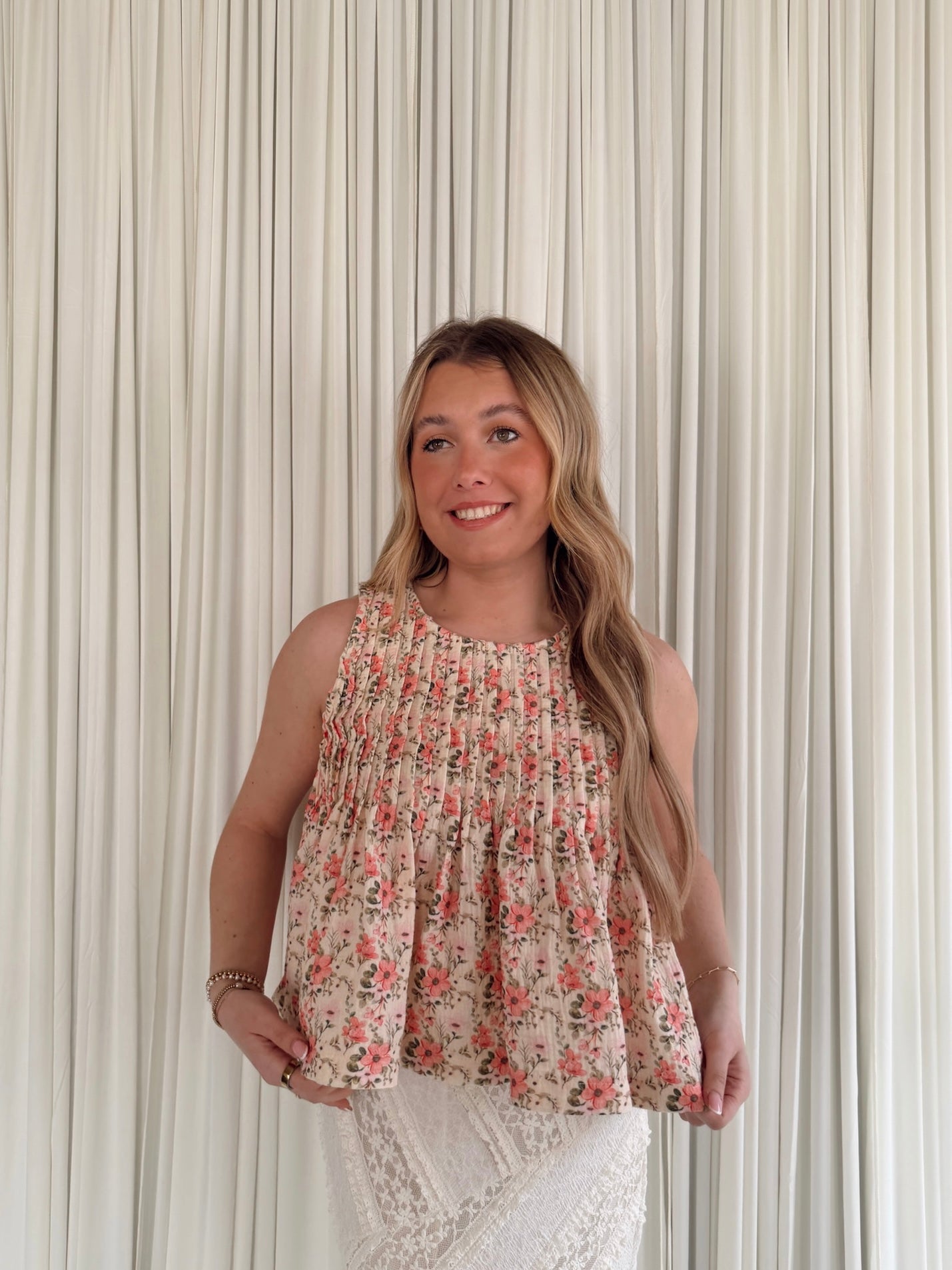 Pintuck Floral Sleeveless Top