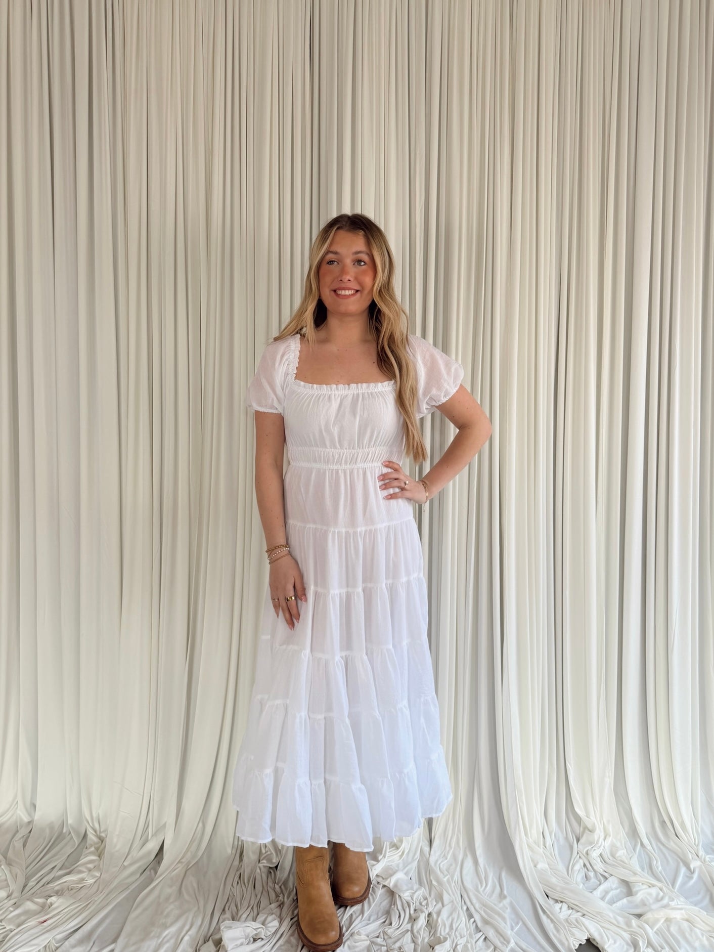 White Bubble Sleeve Elastic Waist Maxi Dress