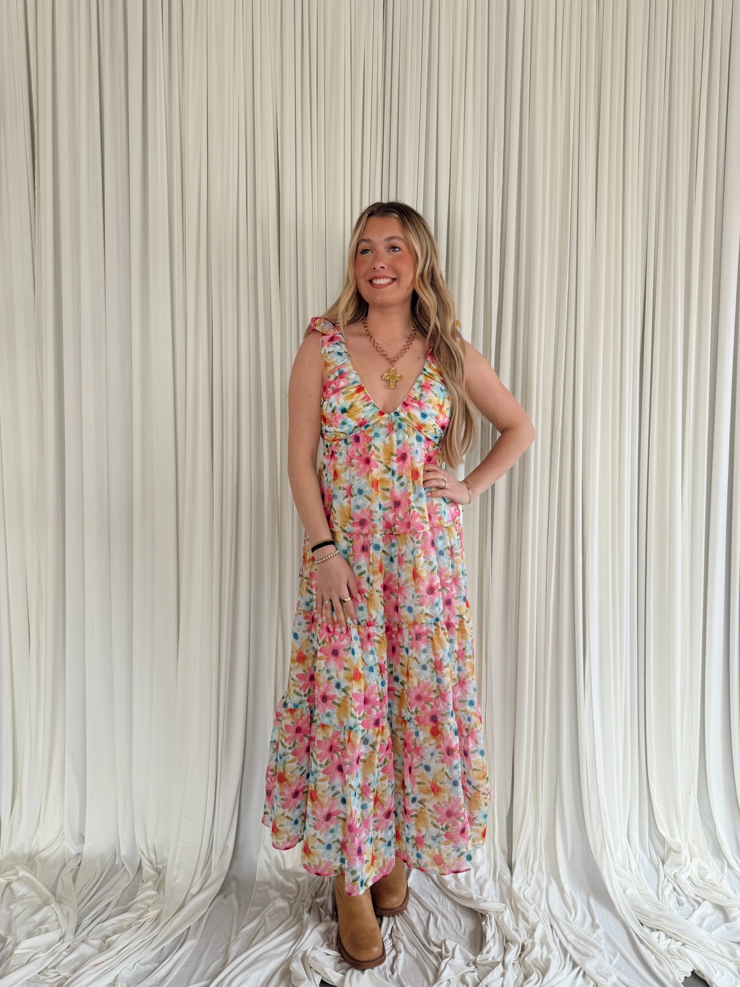 Floral Ruffle Sleeve Tiered Maxi Dress