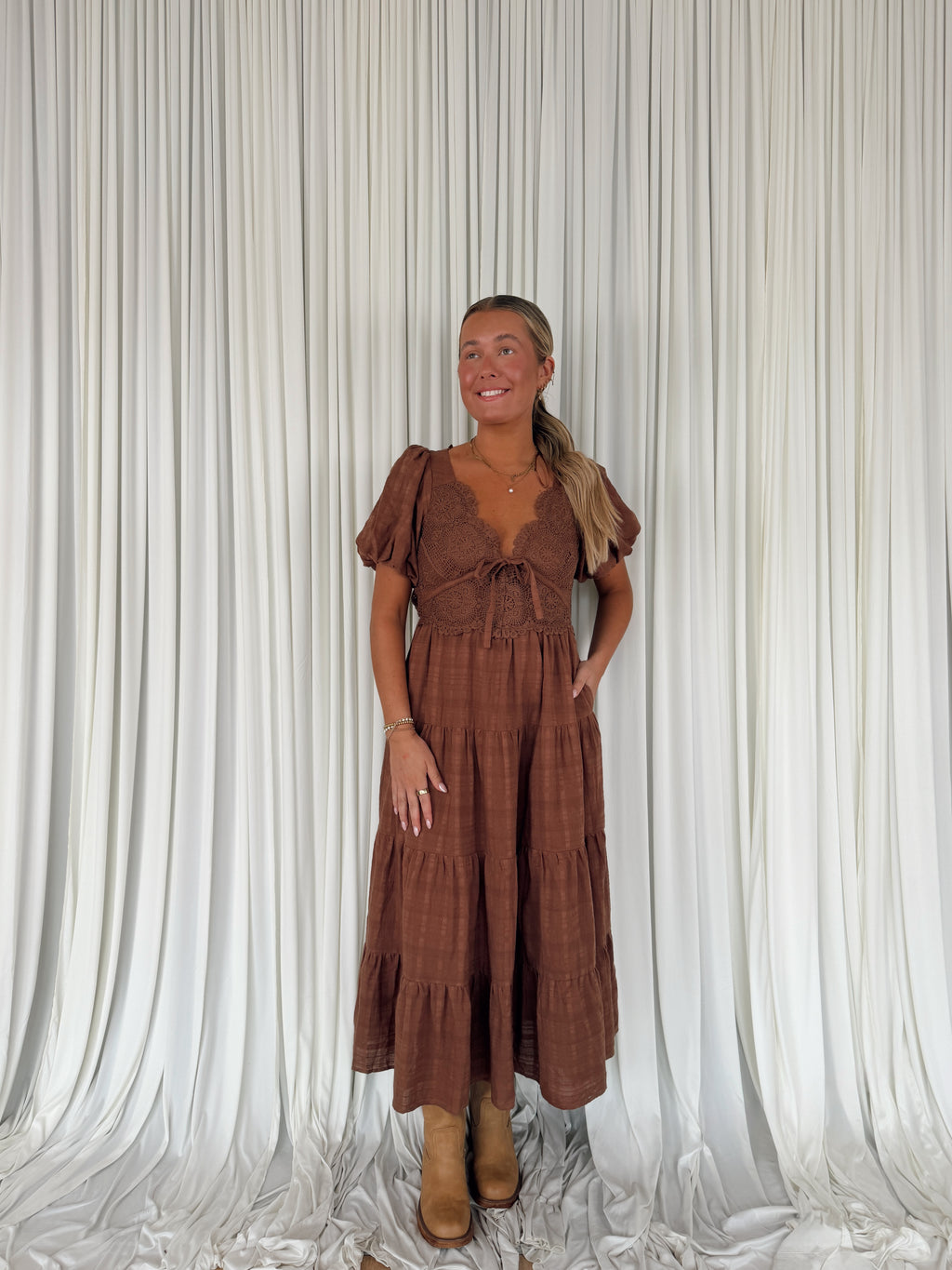 Linen Lace Bubble Sleeve Maxi
