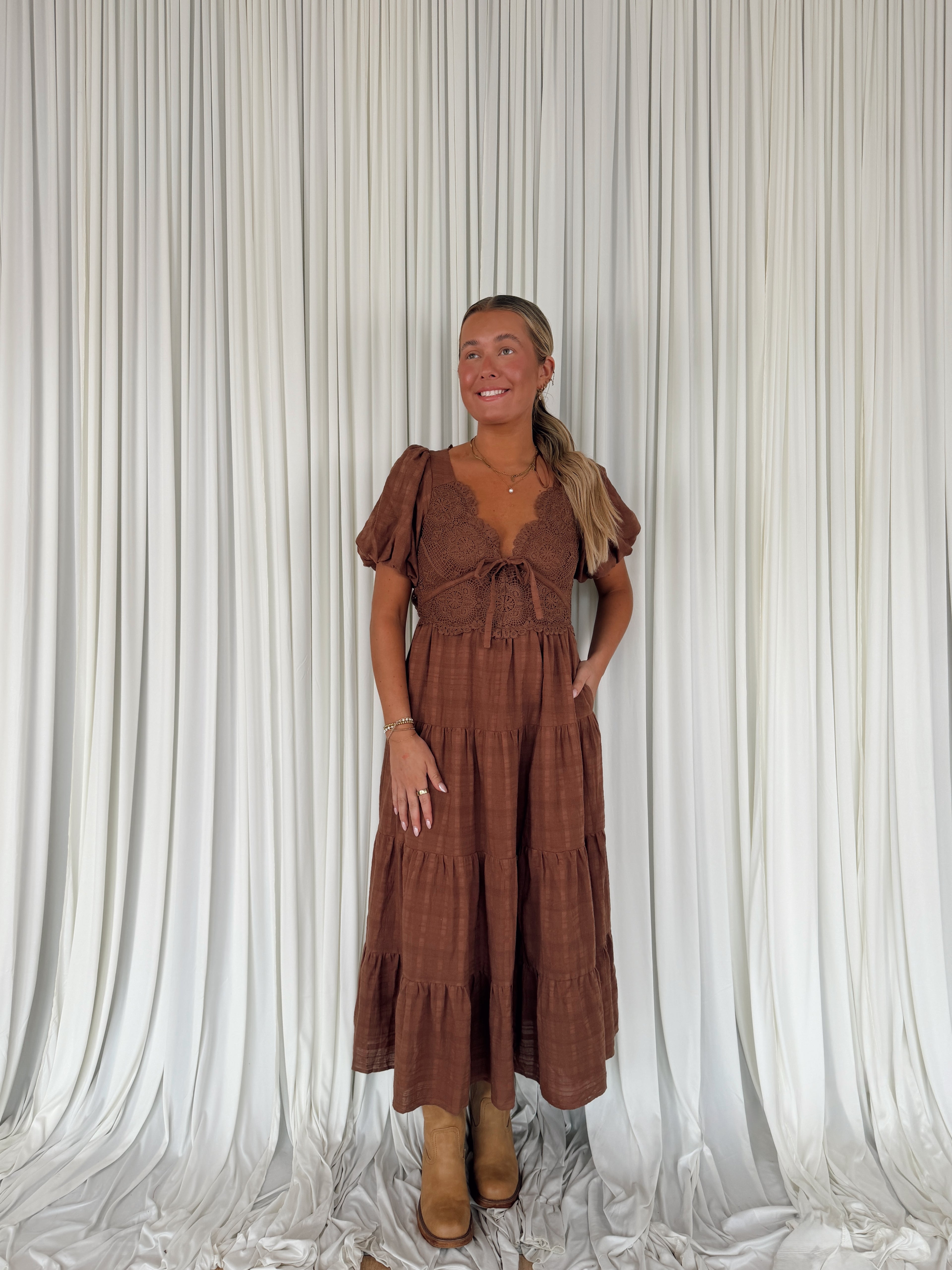 Linen Lace Bubble Sleeve Maxi