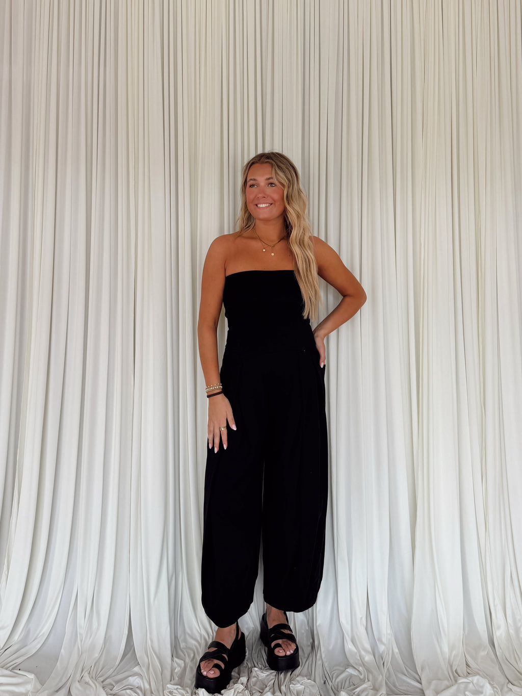 Strapless Pleated Barrel Jumpsuit