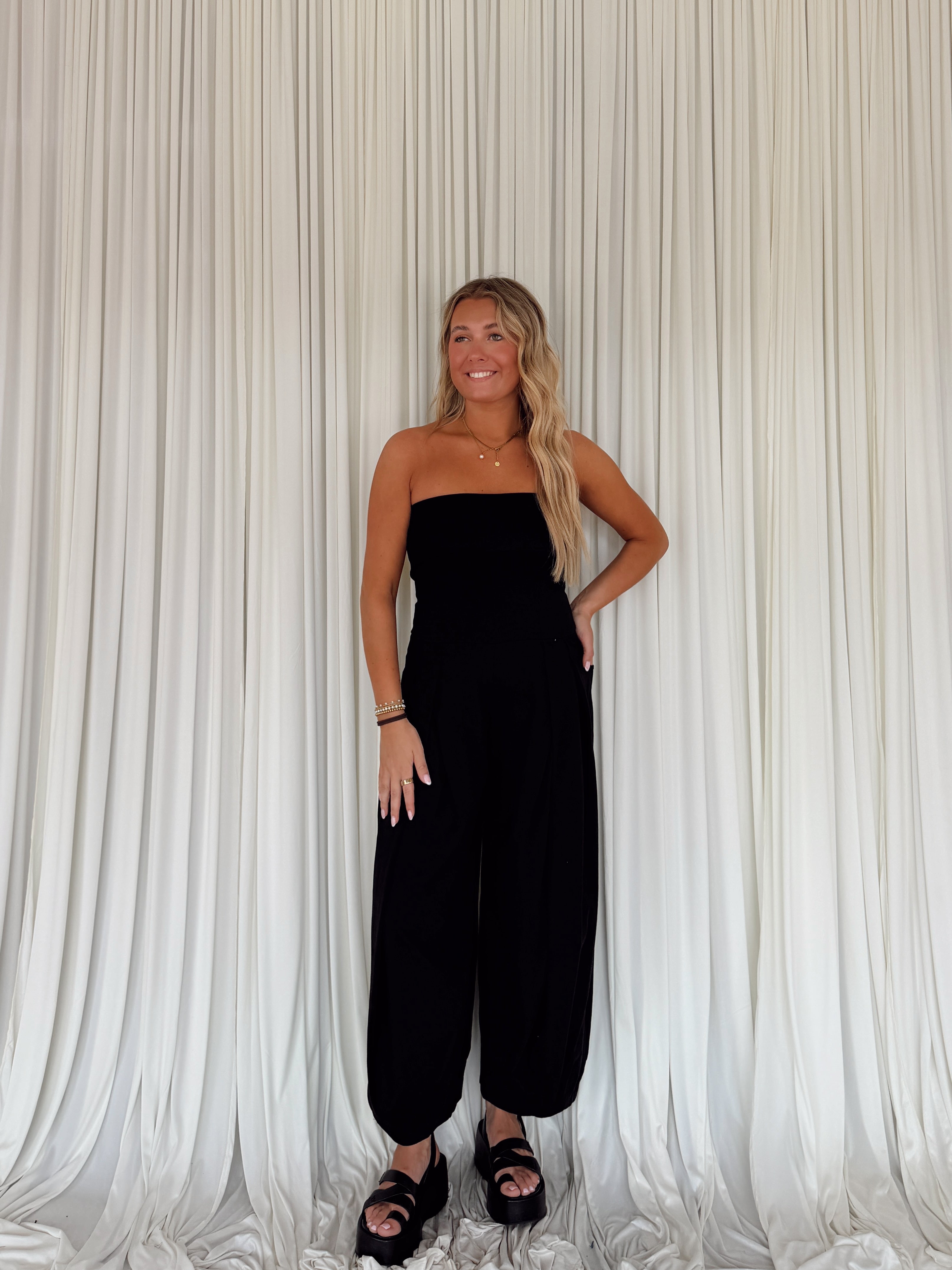 Strapless Pleated Barrel Jumpsuit