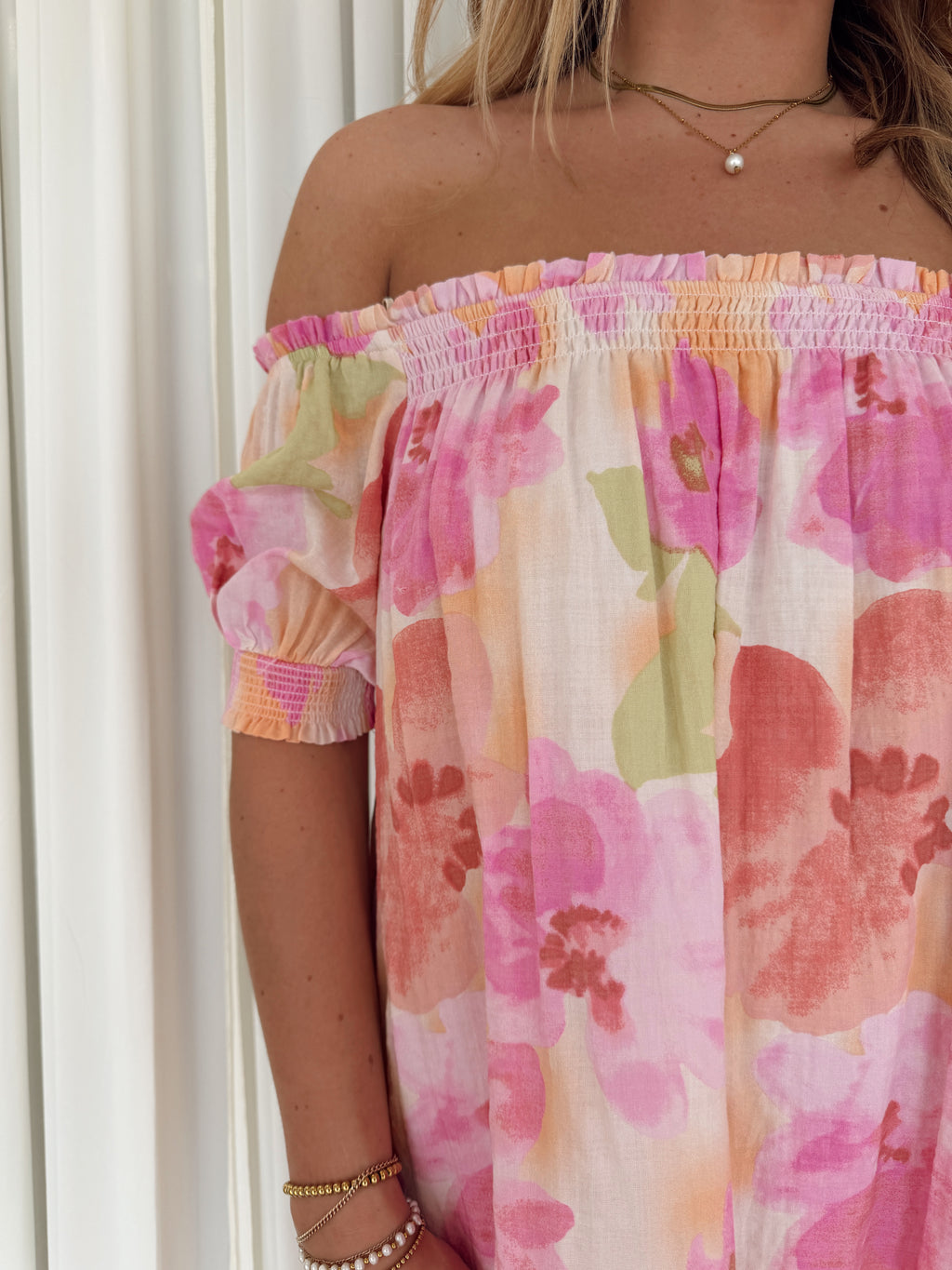 Abstract Off-Shoulder Smocked Floral Dress