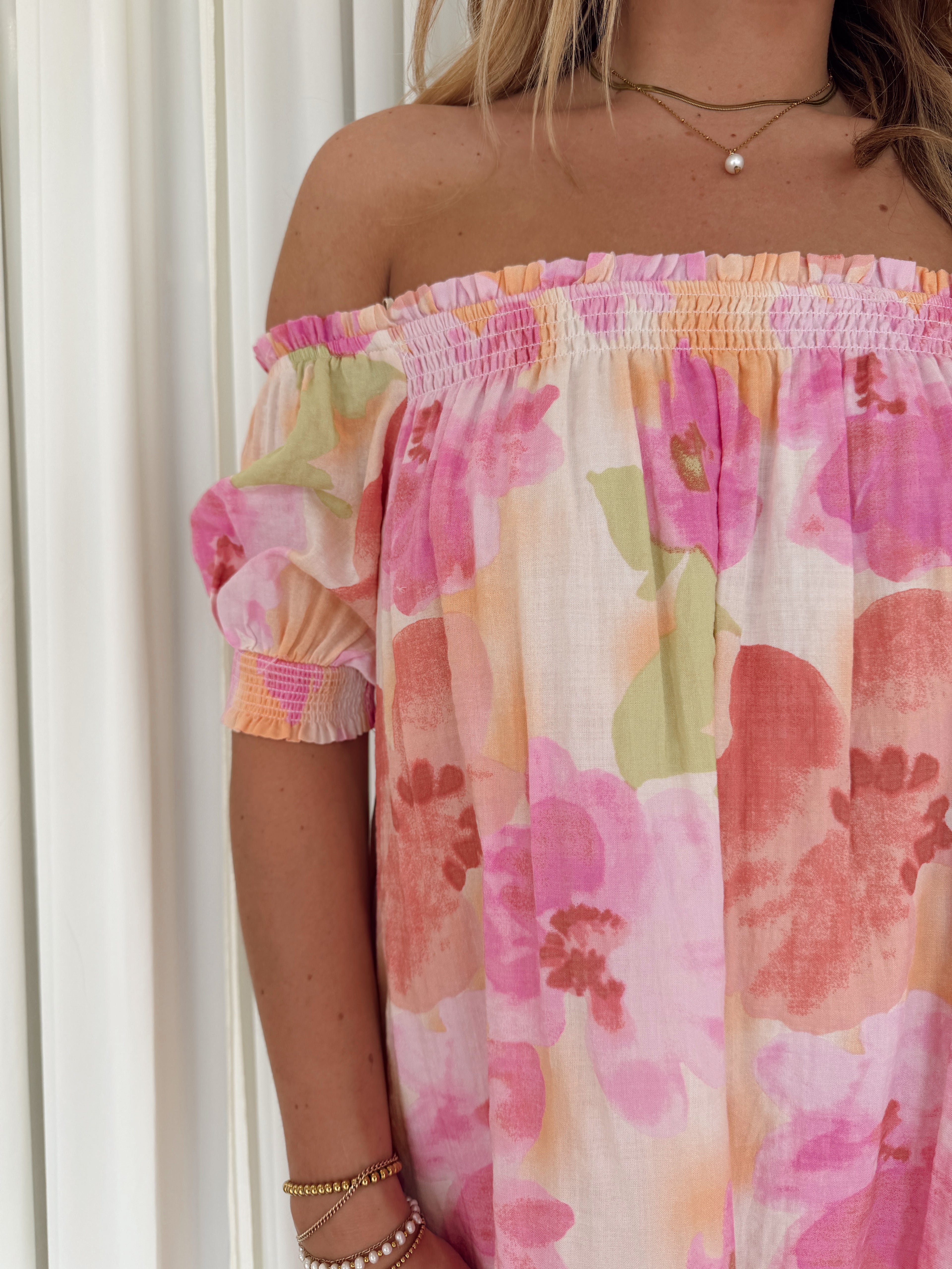 strapless open back dress Abstract Off-Shoulder Smocked Floral Dress – Seven & James