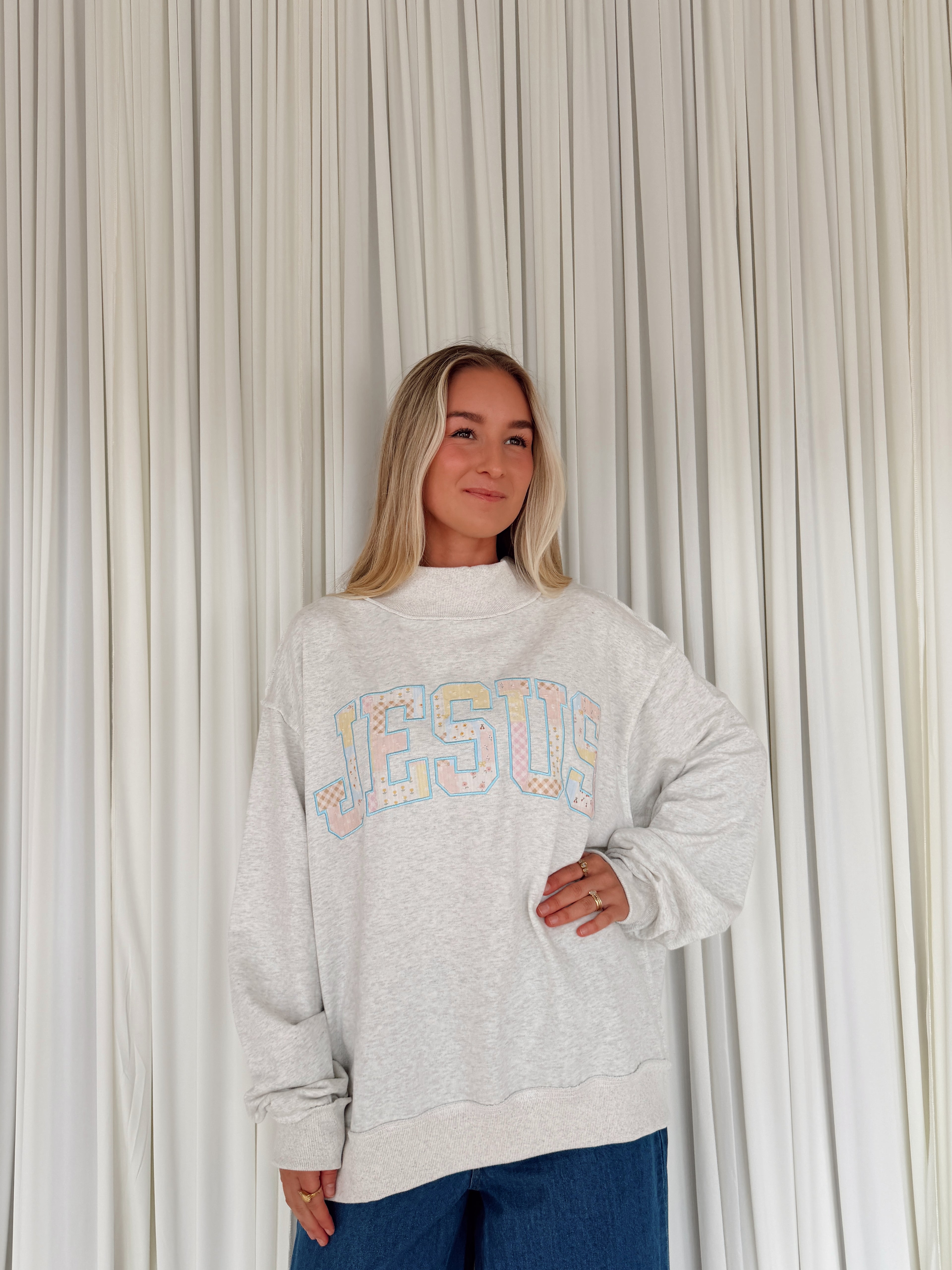 Patchwork "JESUS" Mock-neck Sweatshirt