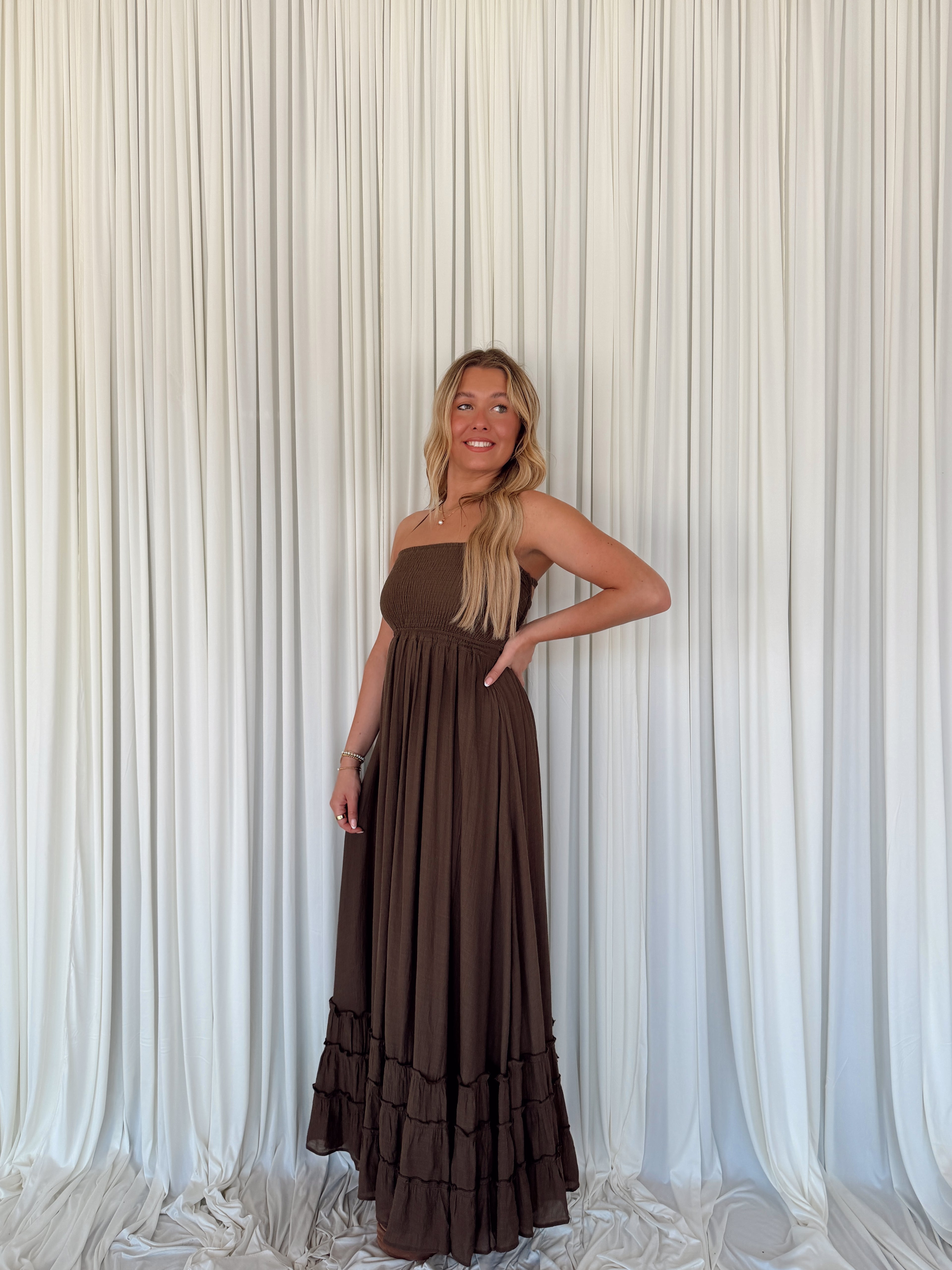 Smocked Halter Maxi Dress - Chocolate / S Smocked Halter Maxi Dress - Chocolate / S
