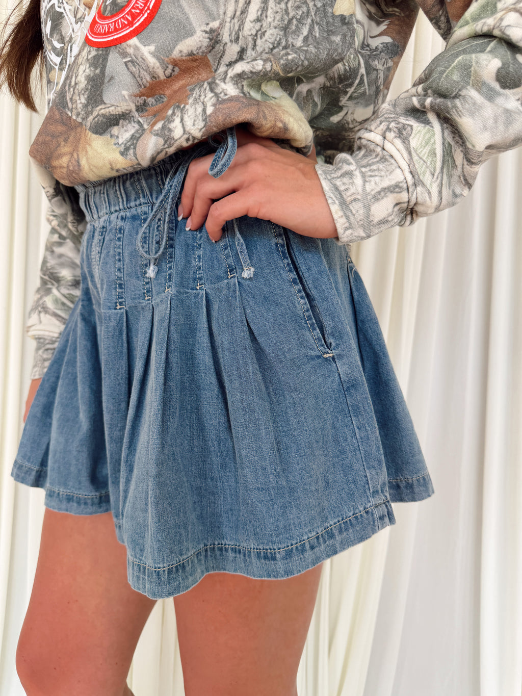 Pleated Denim Shorts