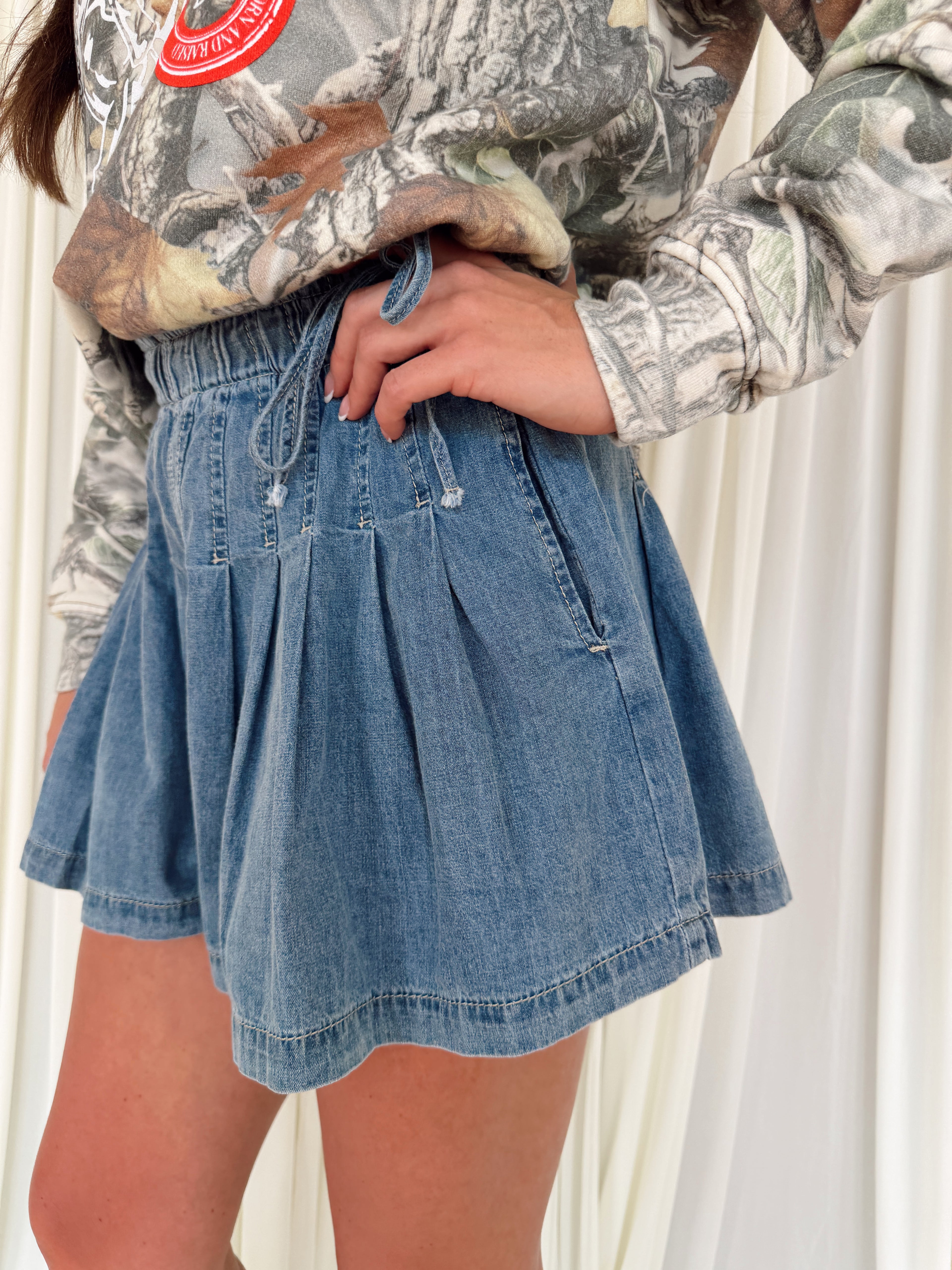 Pleated Denim Shorts