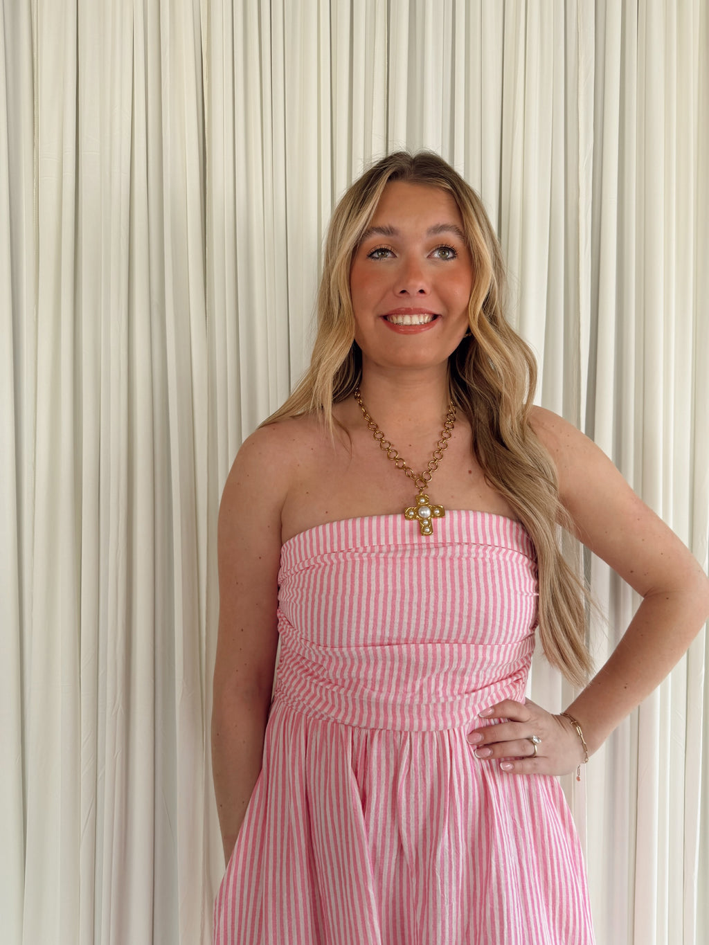 Strapless Pink Stripe Maxi Dress