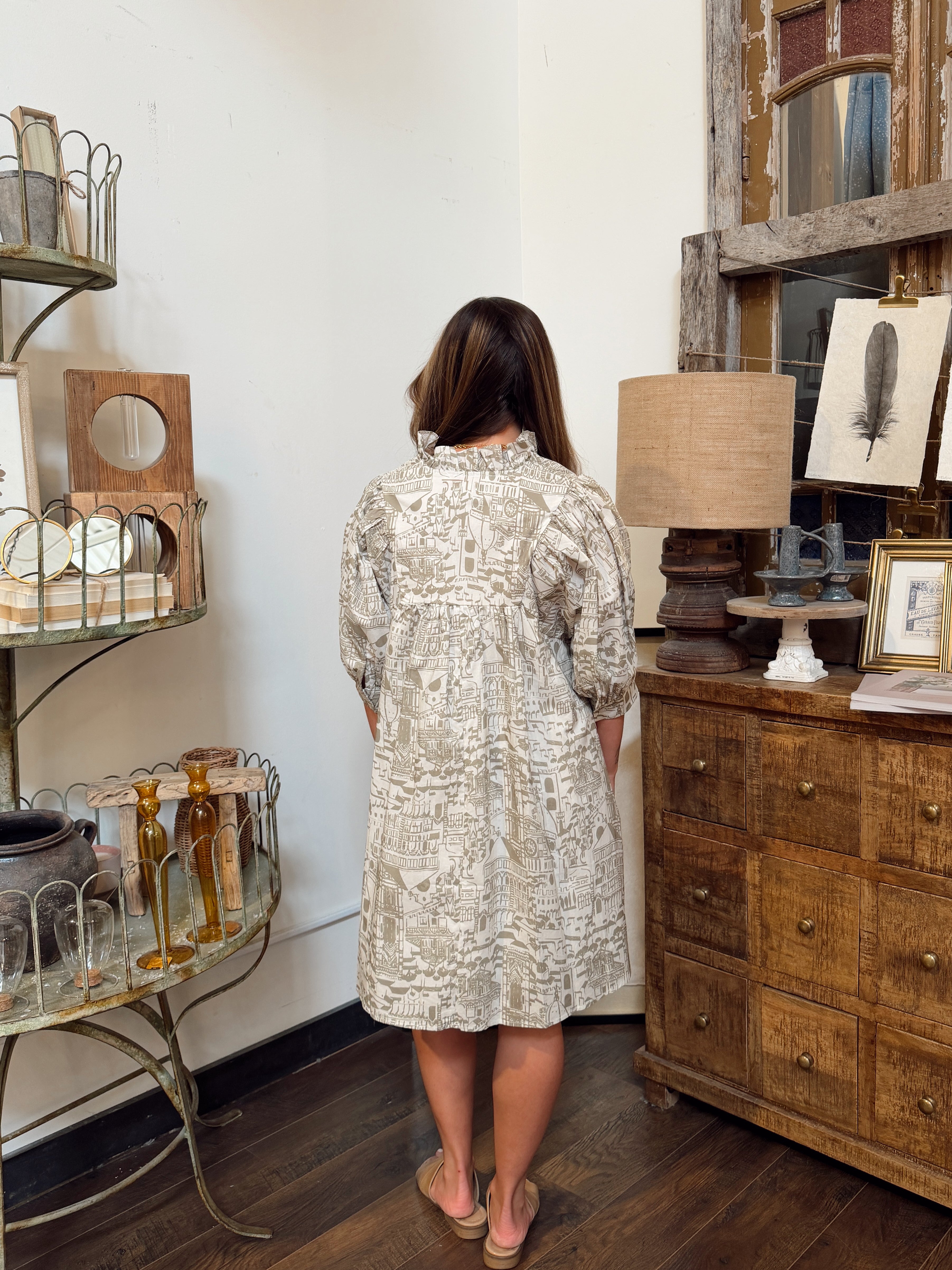 Vintage Sketch Print Mini Dress