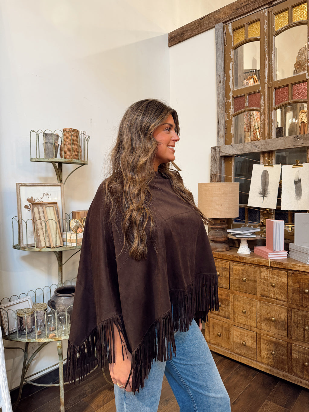 Suede Stitched Fringe Cape