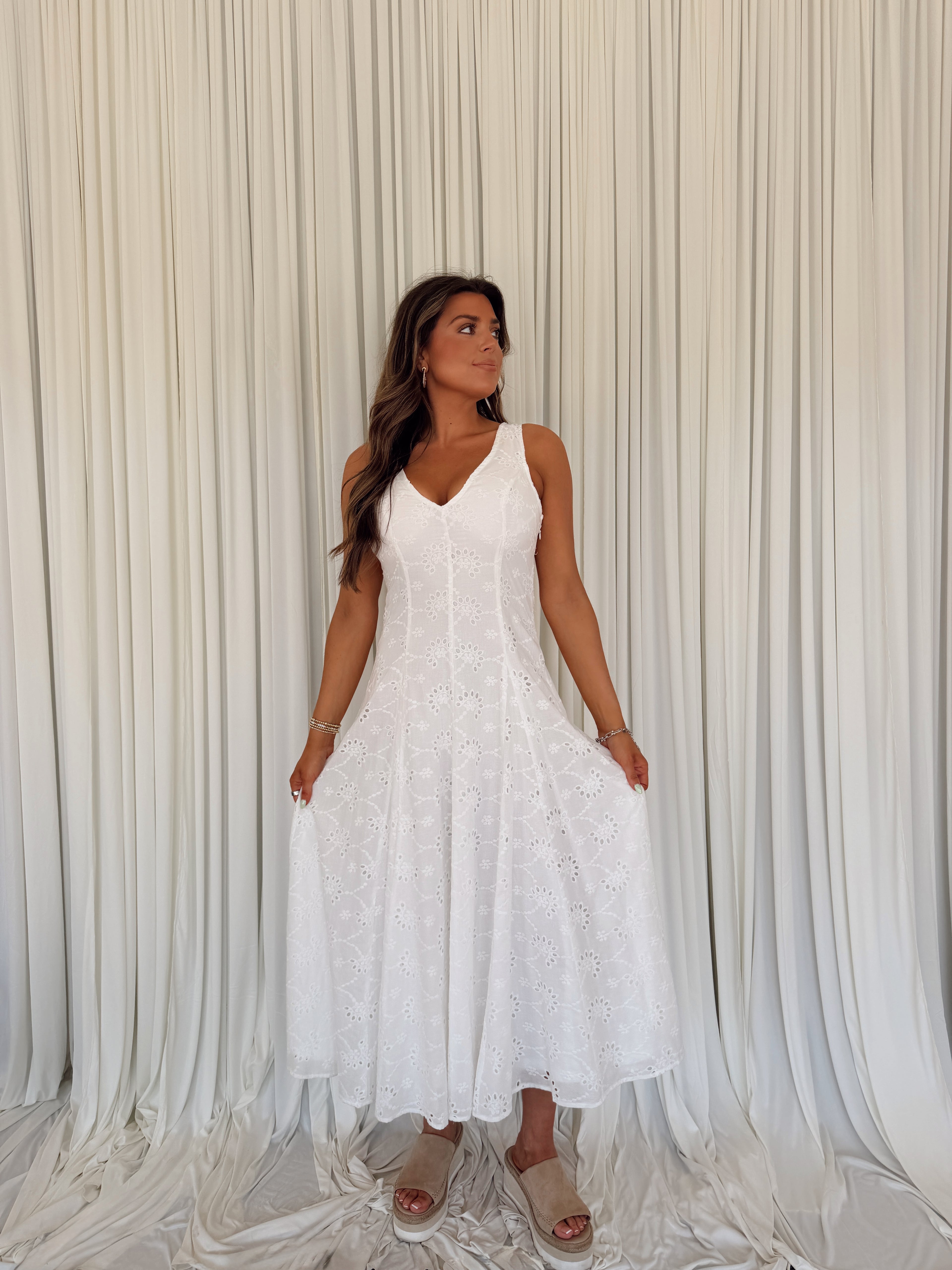 Eyelet Flared Midi Dress