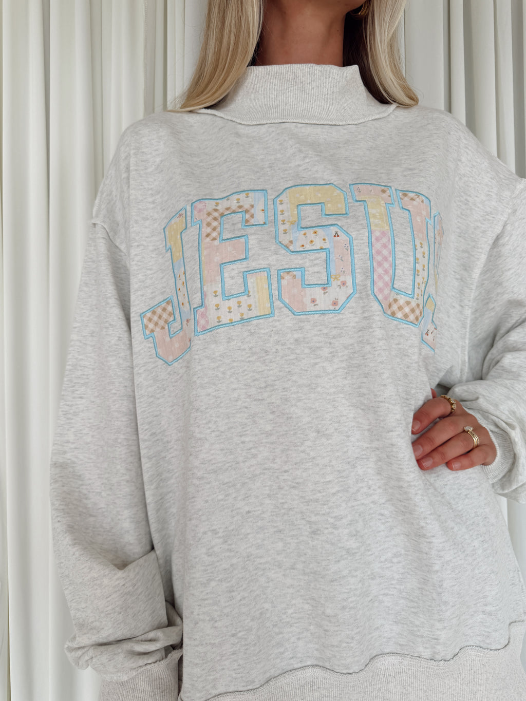 Patchwork "JESUS" Mock-neck Sweatshirt