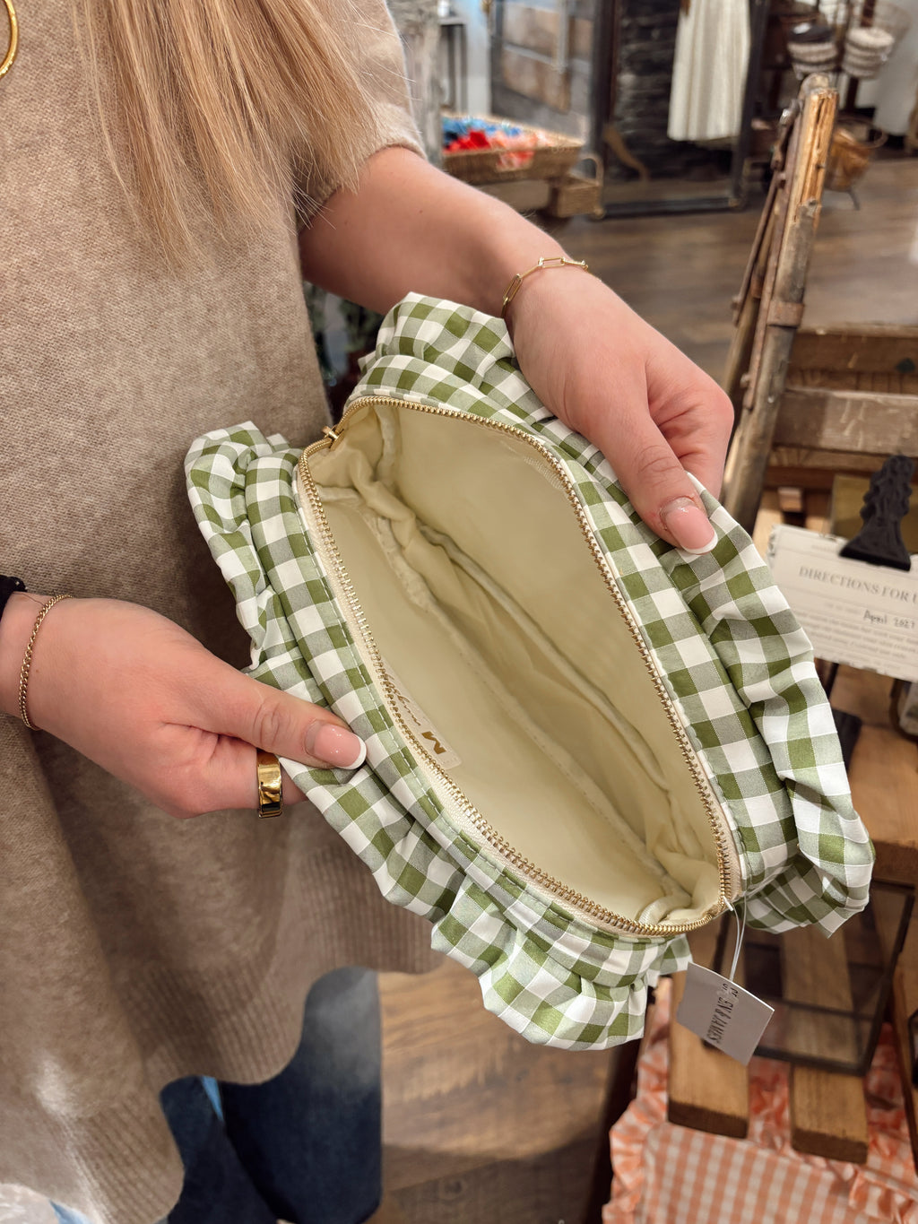 Gingham Ruffle Cosmetic Bag