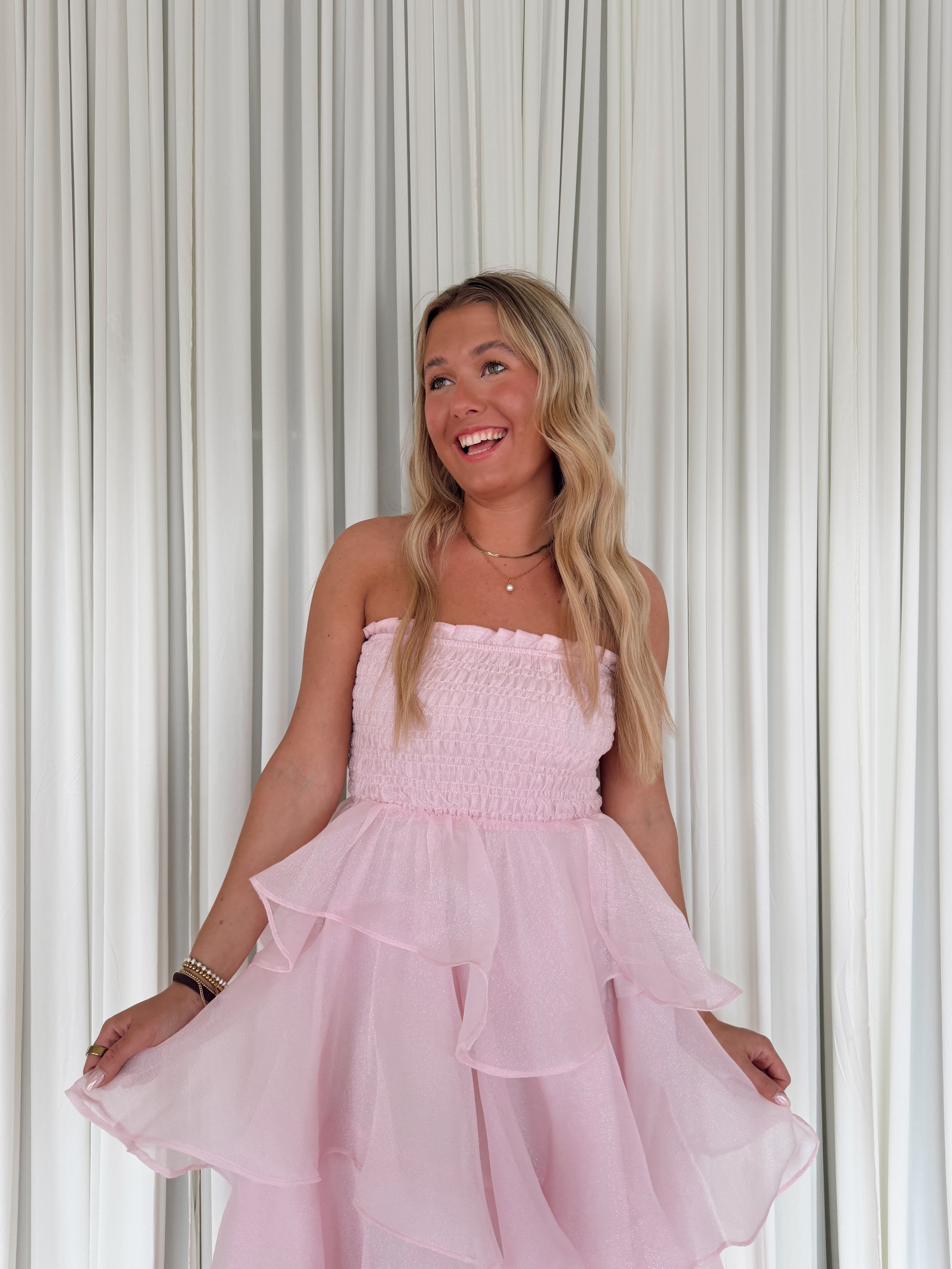 Layered Smocked Strapless Maxi Dress