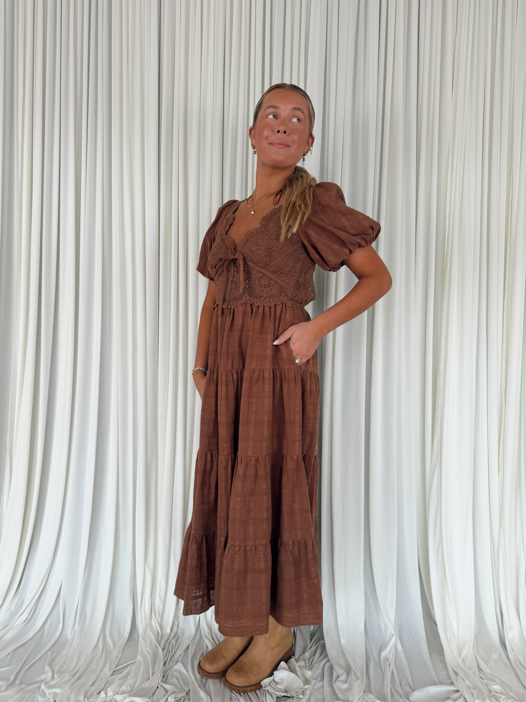 Linen Lace Bubble Sleeve Maxi