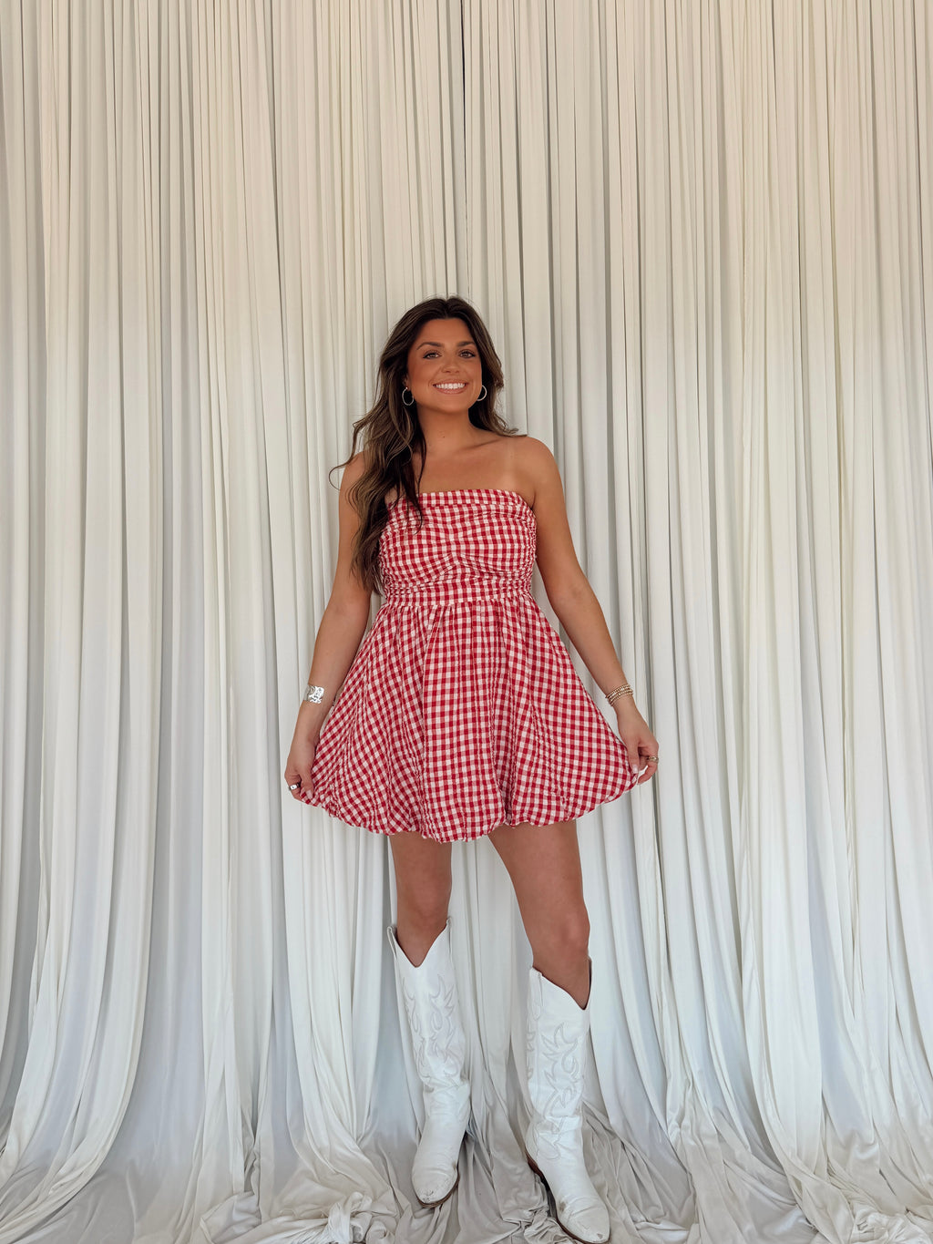 Gingham Print Smocking Tube Mini