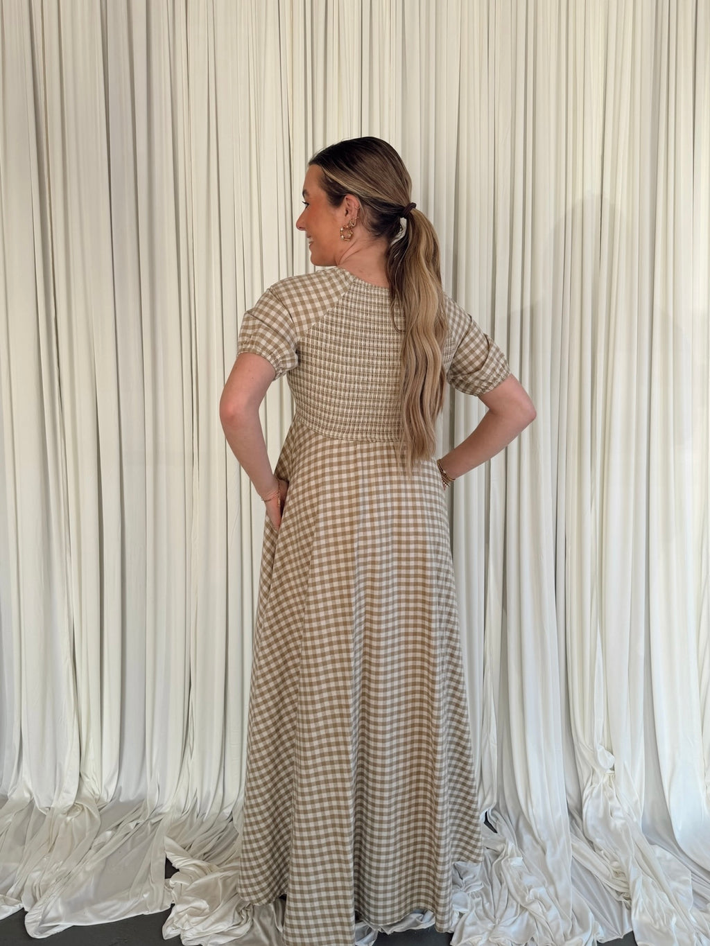 ILD6633 Smocked Gingham Maxi Dress