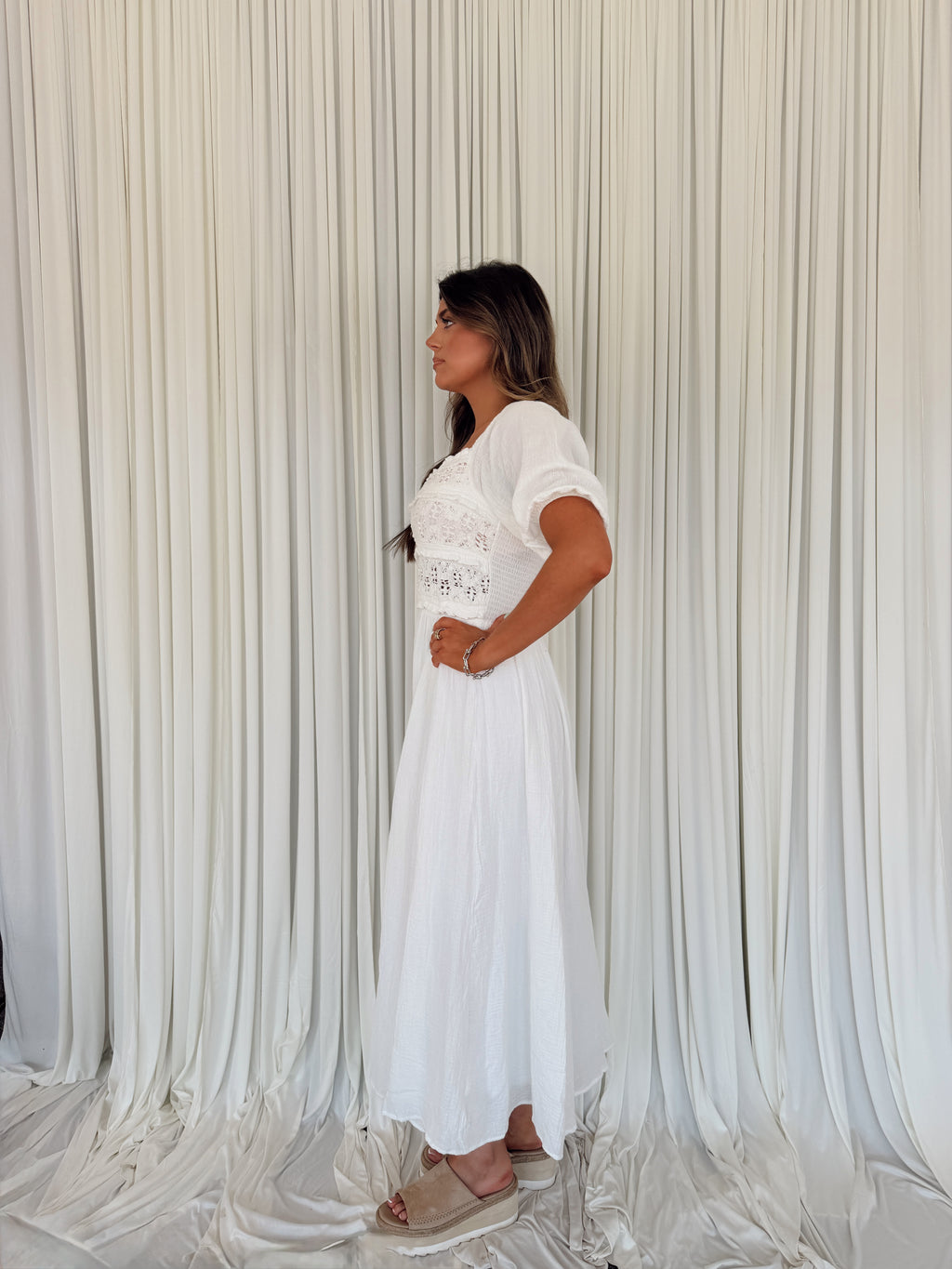 Square Neck Smocked Flare Midi Dress