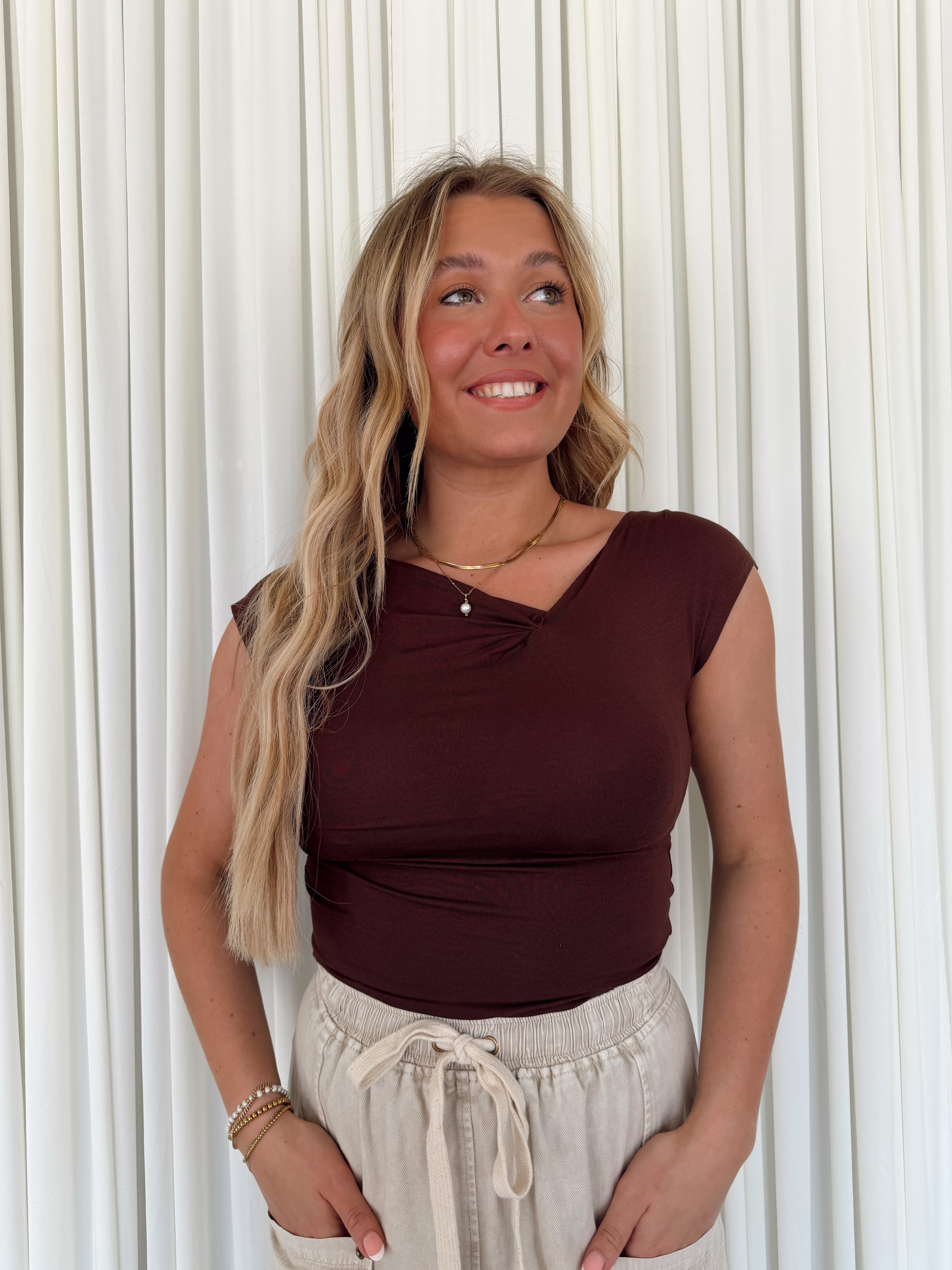 Asymmetrical Wrap Neckline Knit Top