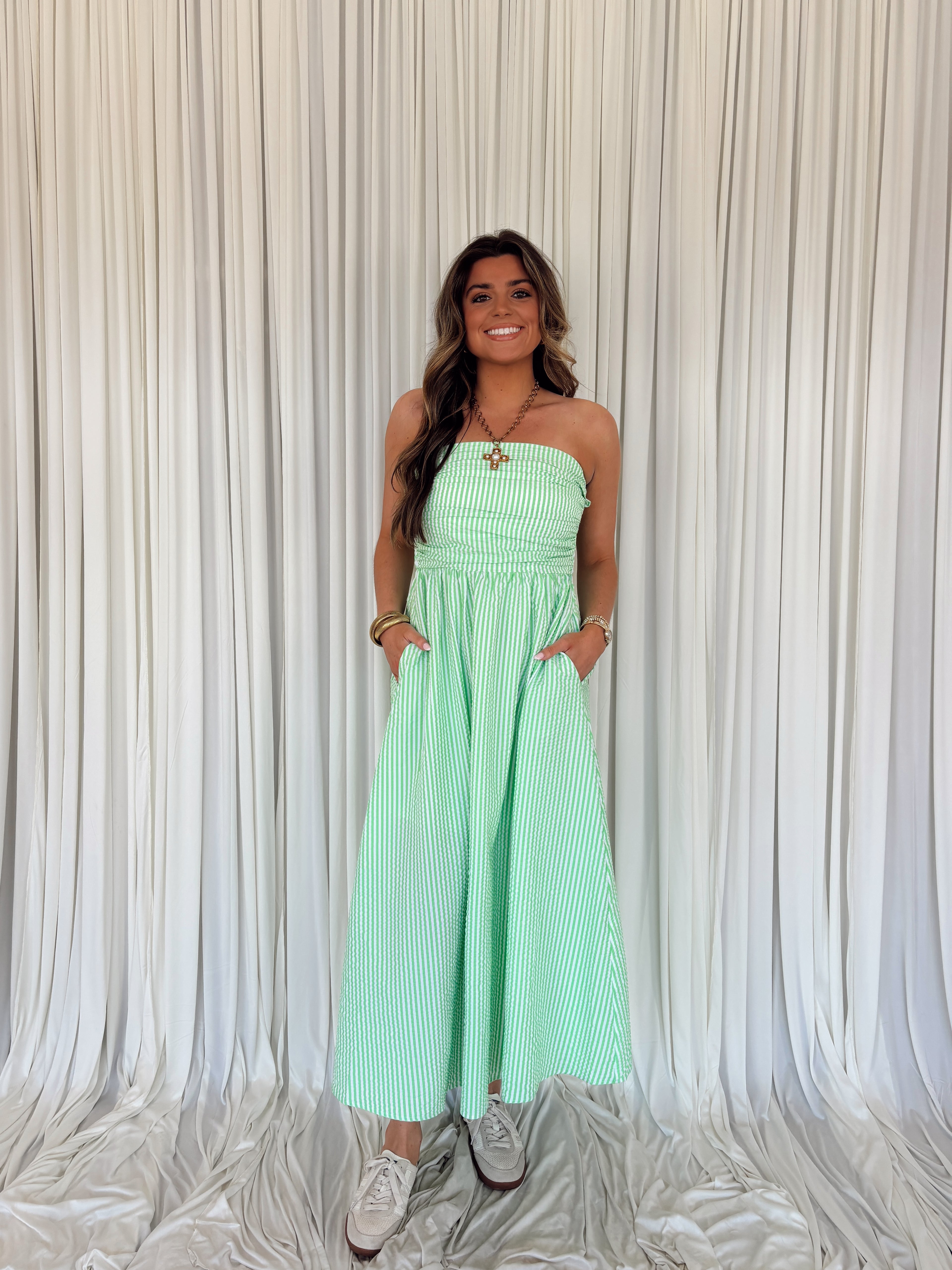 Smocked Strapless Stripe Maxi Dress - Verde Stripe / XS Smocked Strapless Stripe Maxi Dress - Verde Stripe / XS