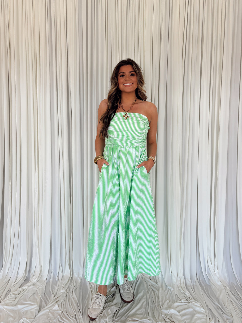 Smocked Strapless Stripe Maxi Dress