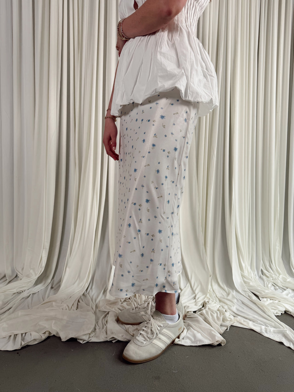 The Floral Satin Midi Skirt