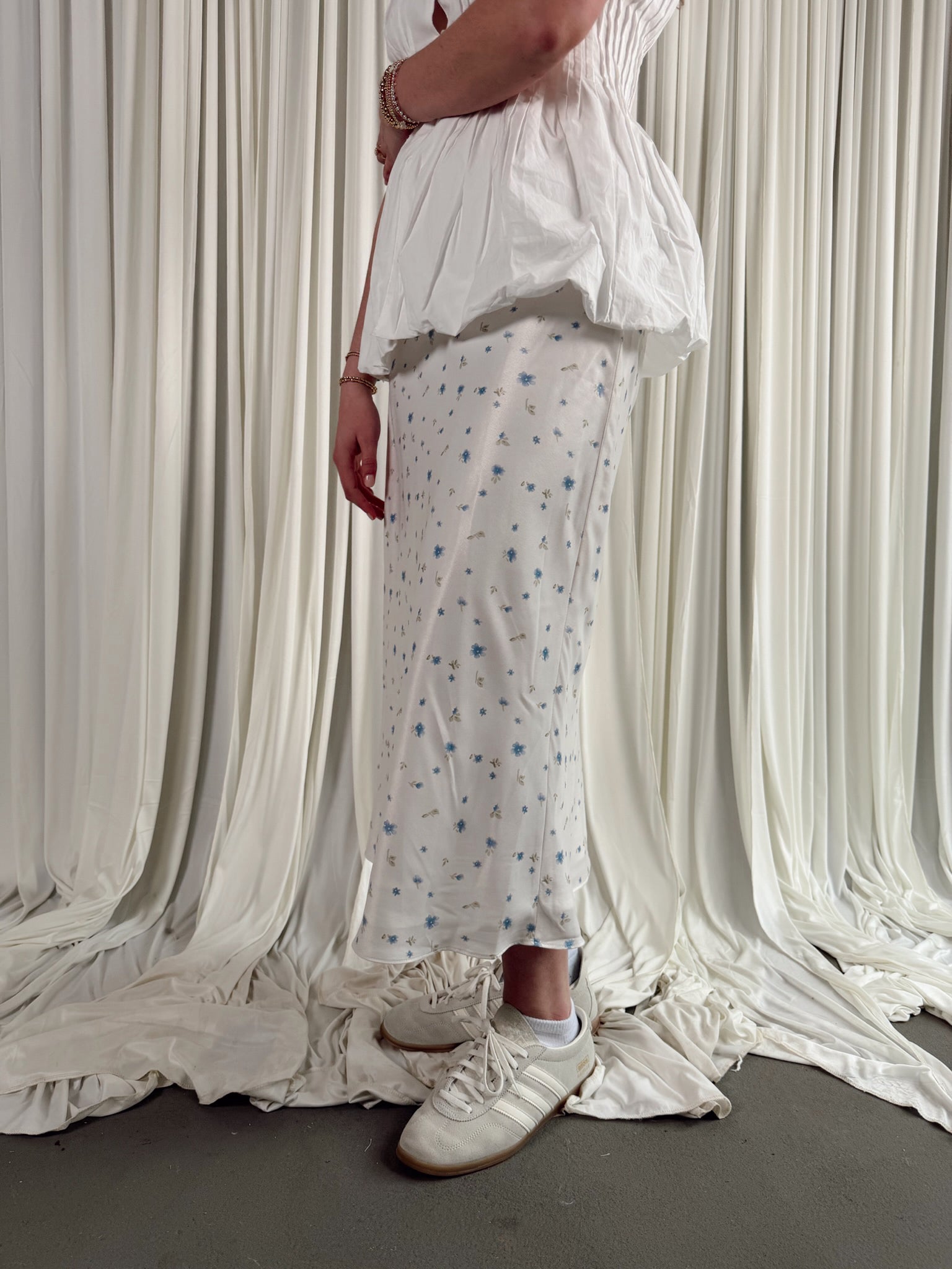 The Floral Satin Midi Skirt