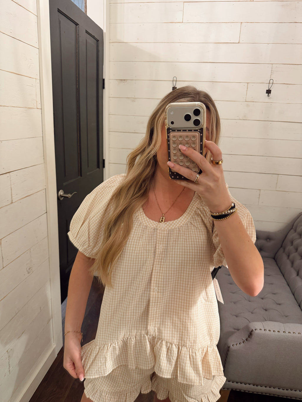 Gingham Hi-Low Ruffle Blouse