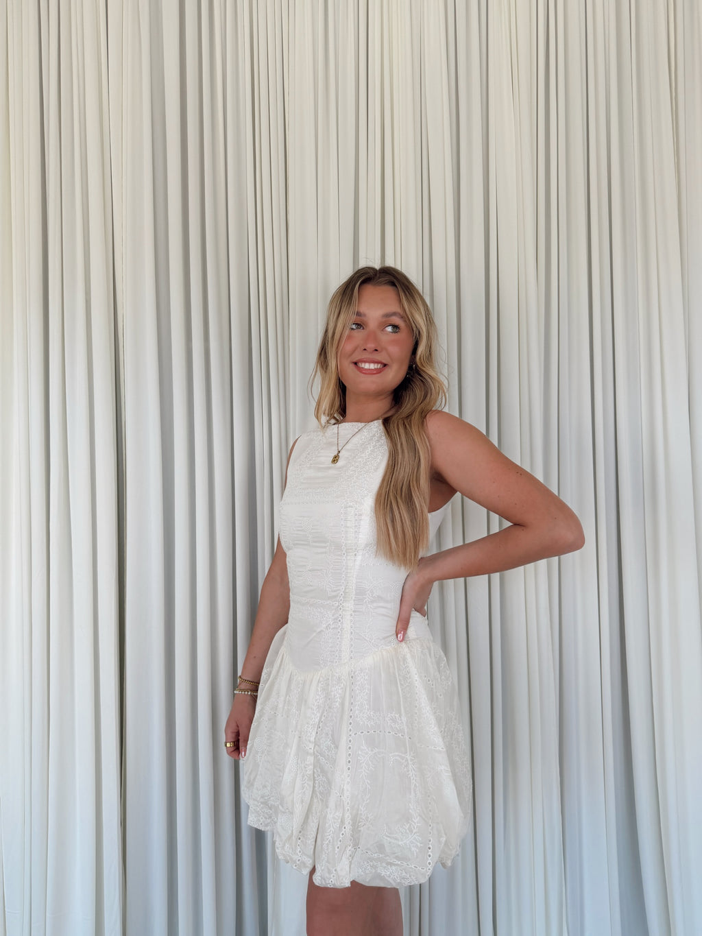 Eyelet Drop-Waist Bubble Mini Dress