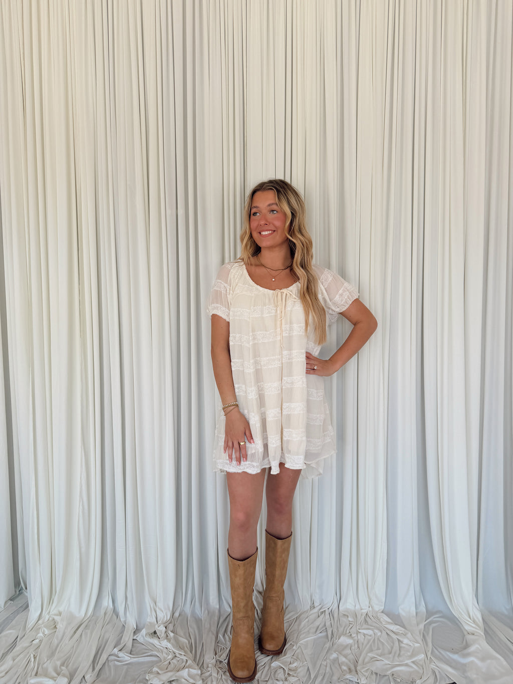 Pleated Lace Striped Mini Dress